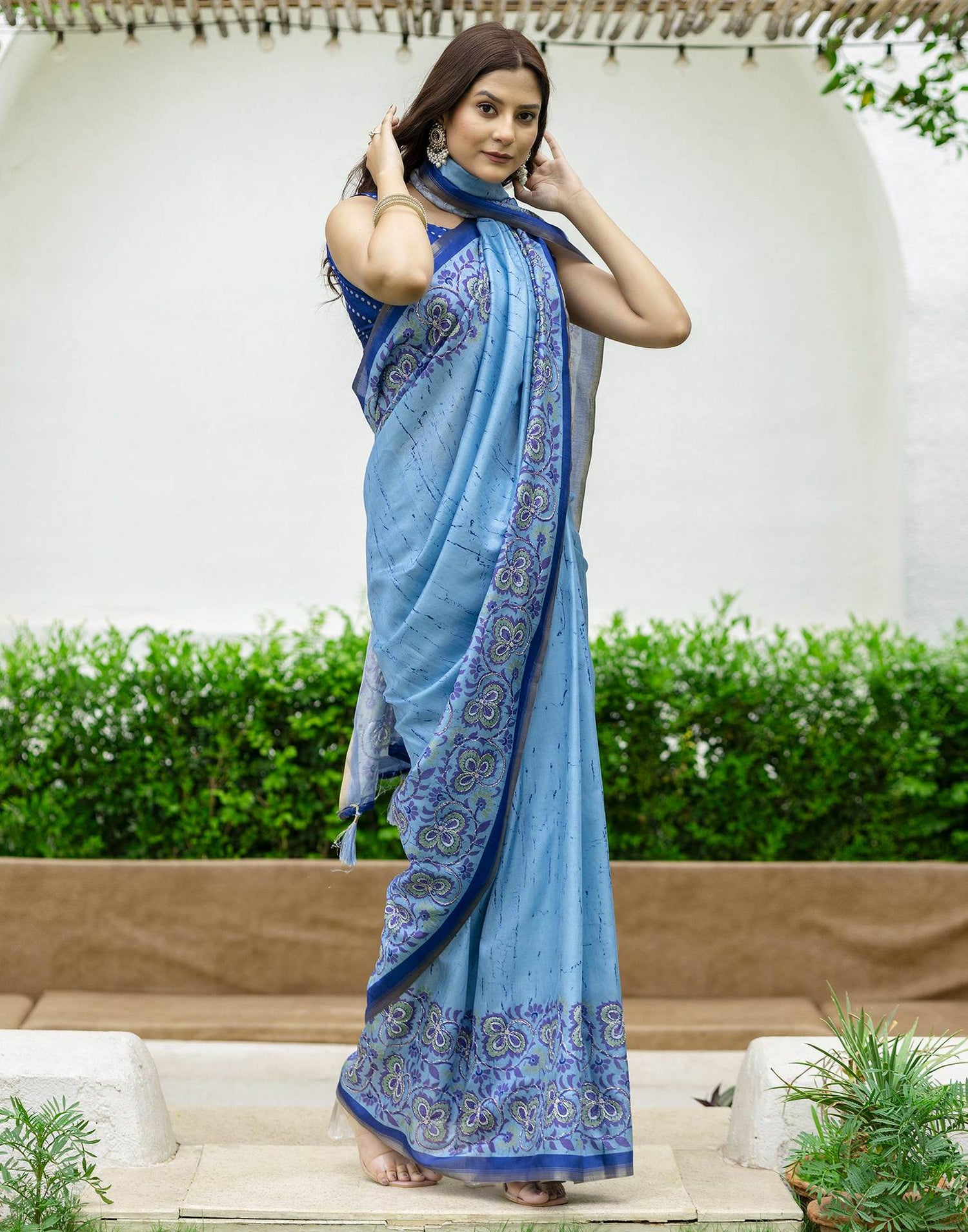 Blue Dola Silk Printed Saree