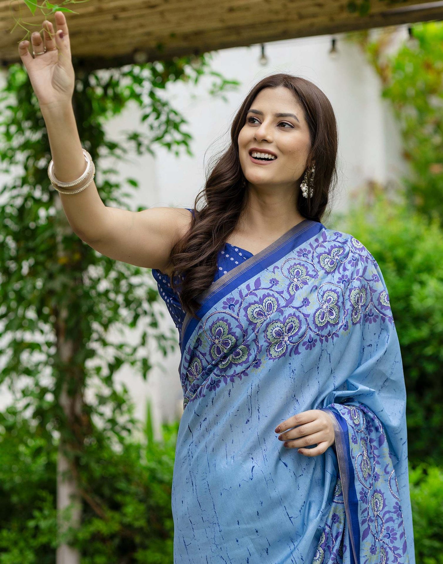 Blue Dola Silk Printed Saree