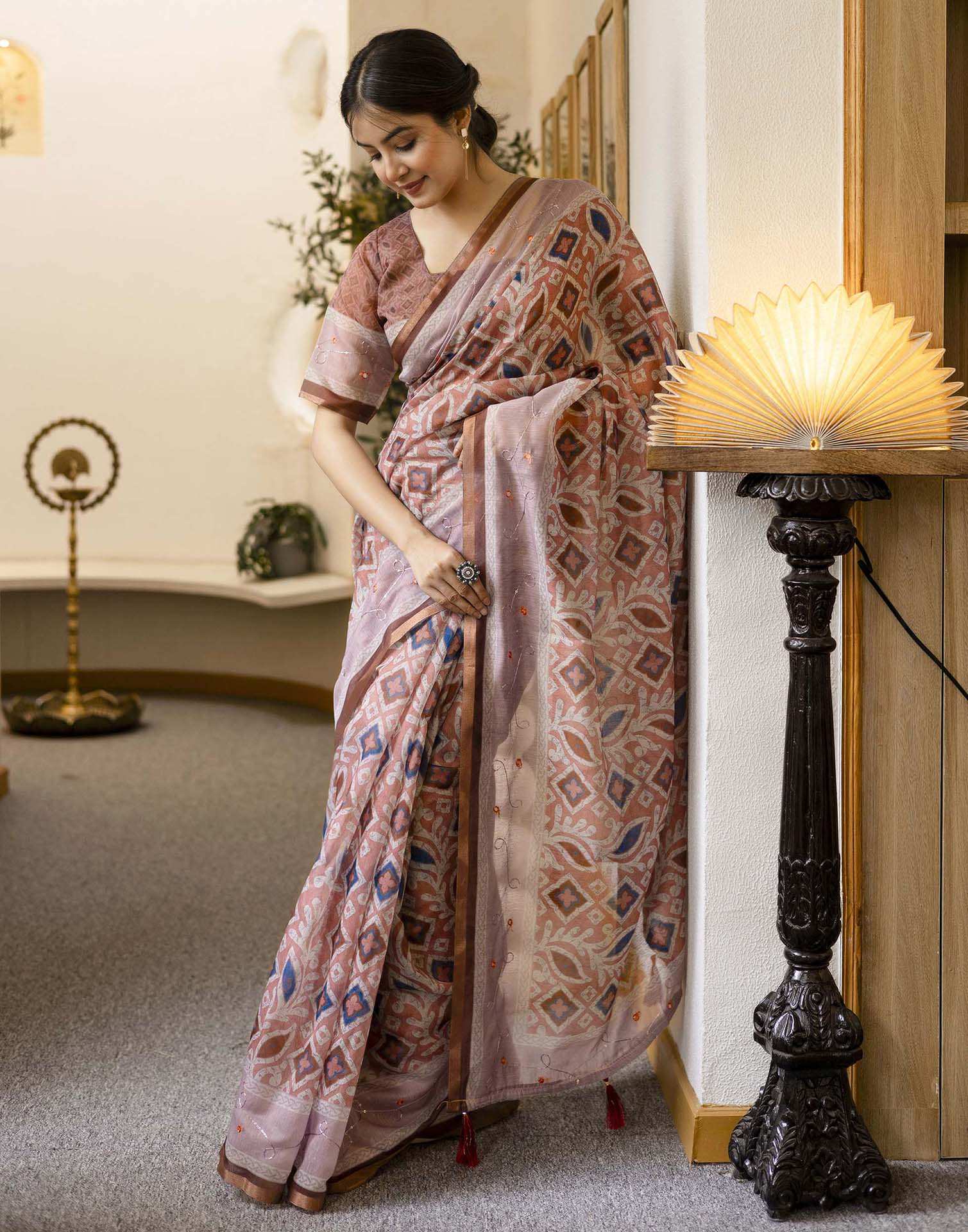 Dusty Peach Chanderi Printed Saree