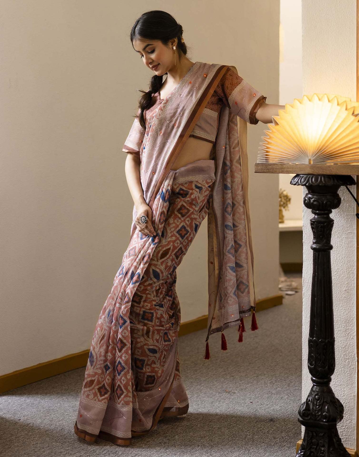 Dusty Peach Chanderi Printed Saree
