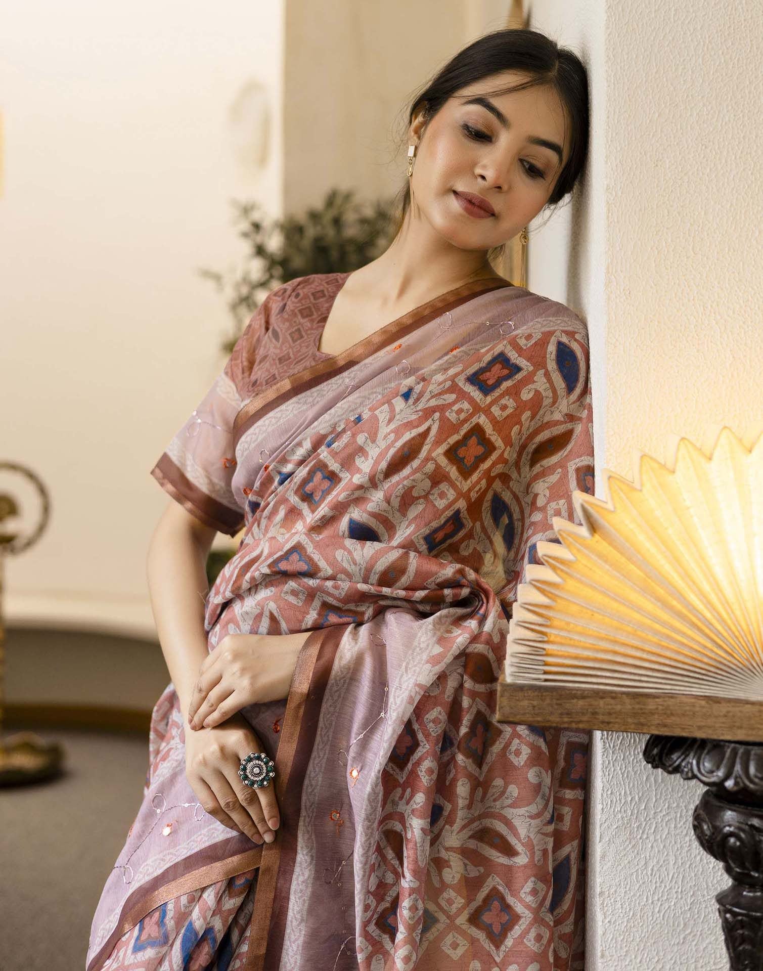 Dusty Peach Chanderi Printed Saree