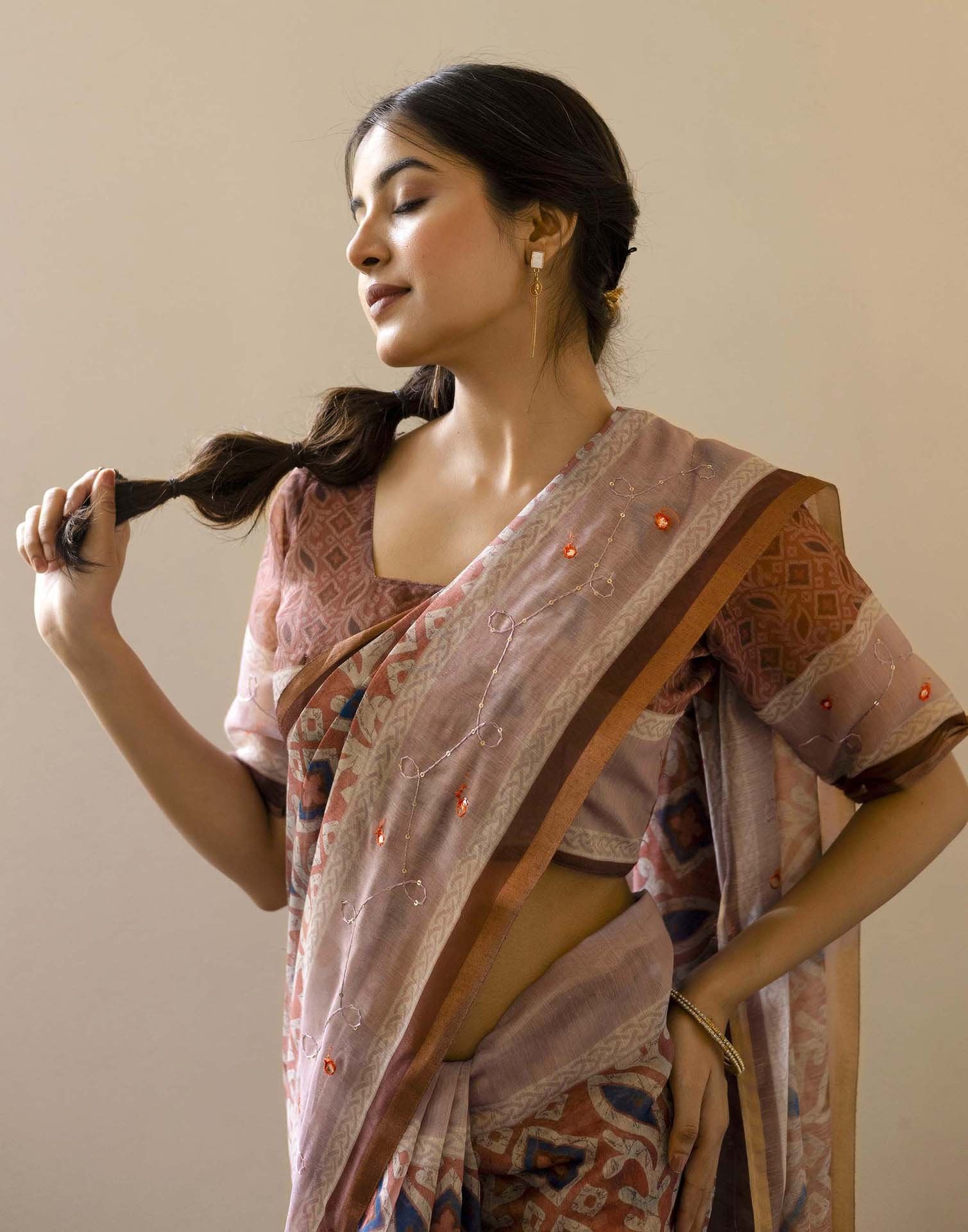 Dusty Peach Chanderi Printed Saree