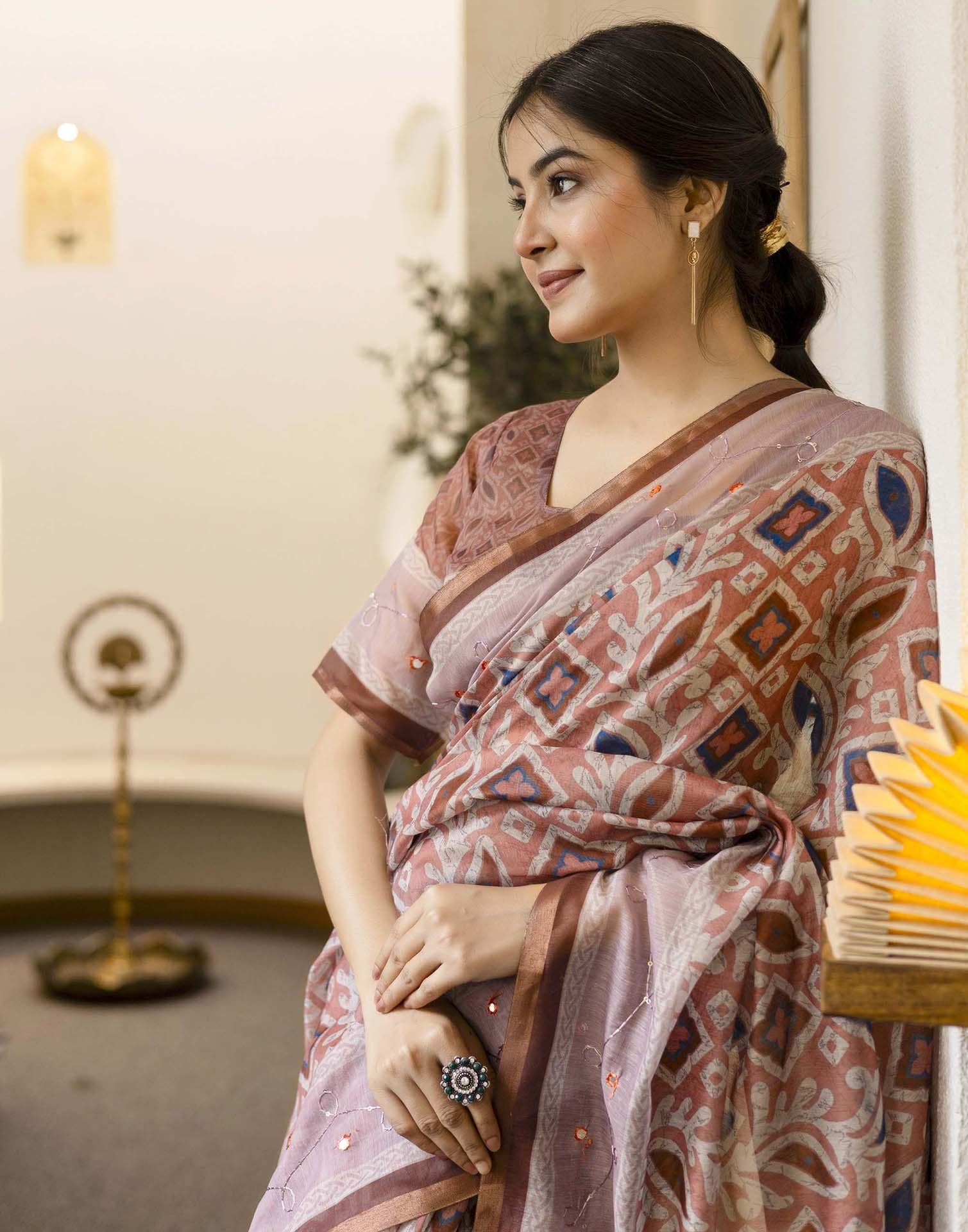 Dusty Peach Chanderi Printed Saree