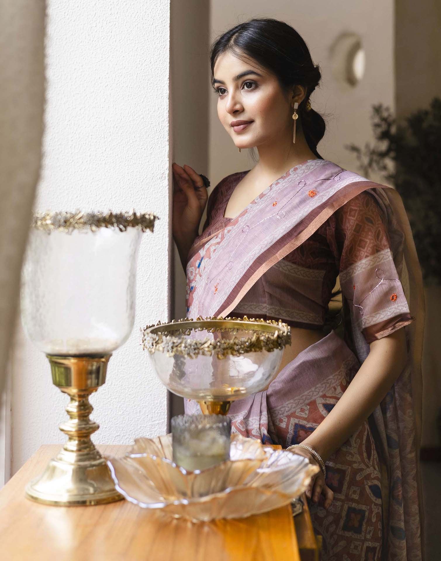 Dusty Peach Chanderi Printed Saree