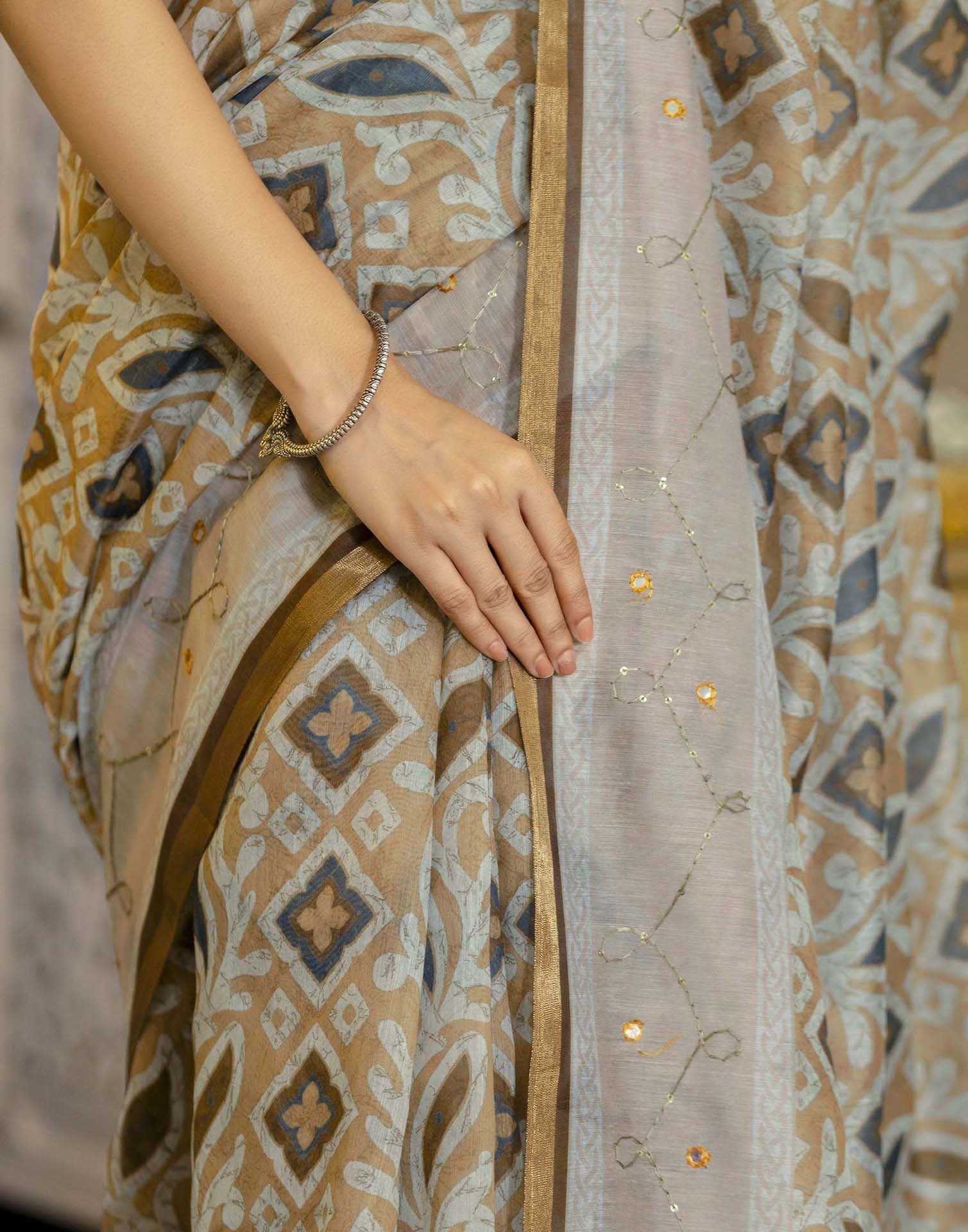 Mustard Yellow Chanderi Printed Saree