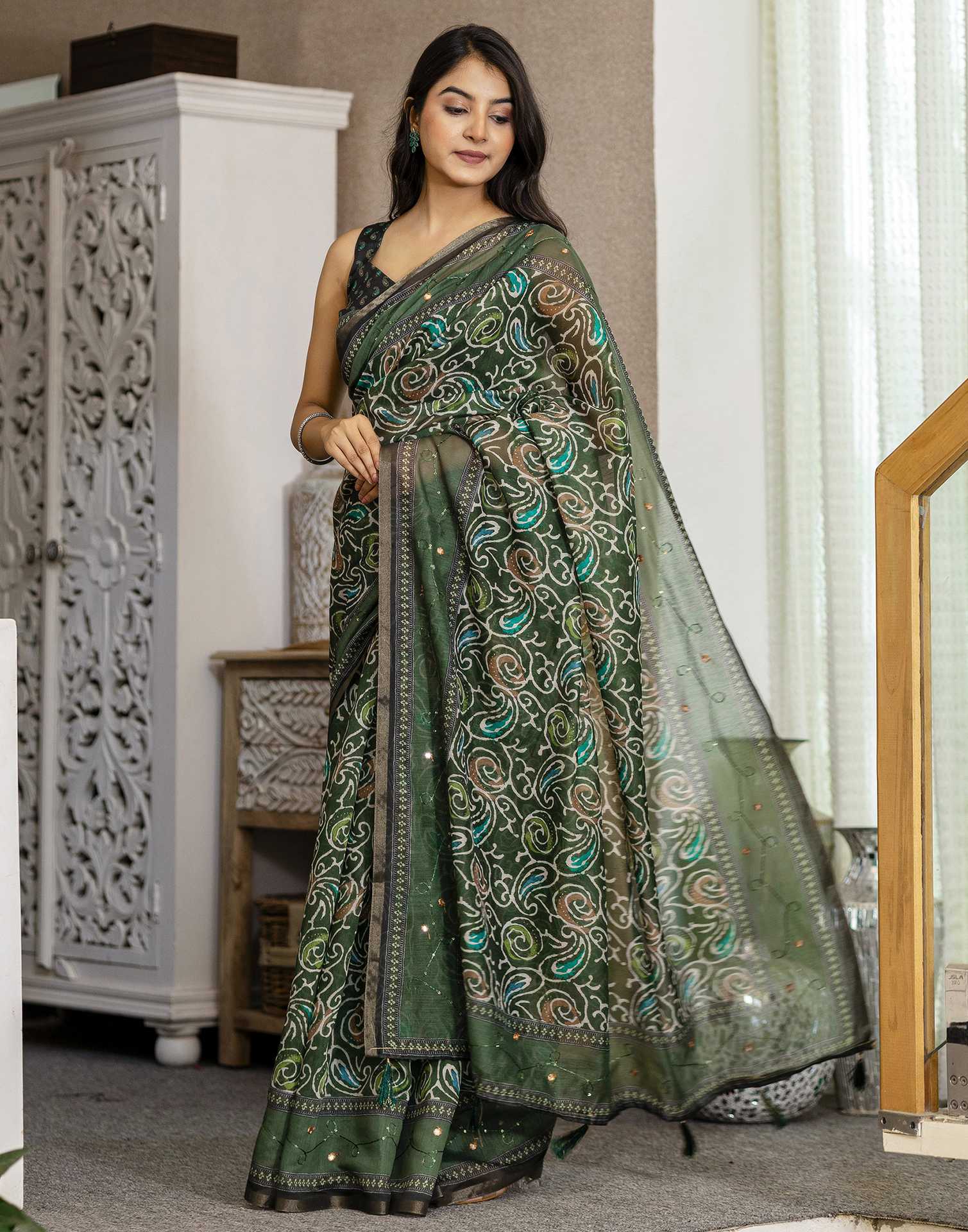 Dark Green Chanderi Printed Saree