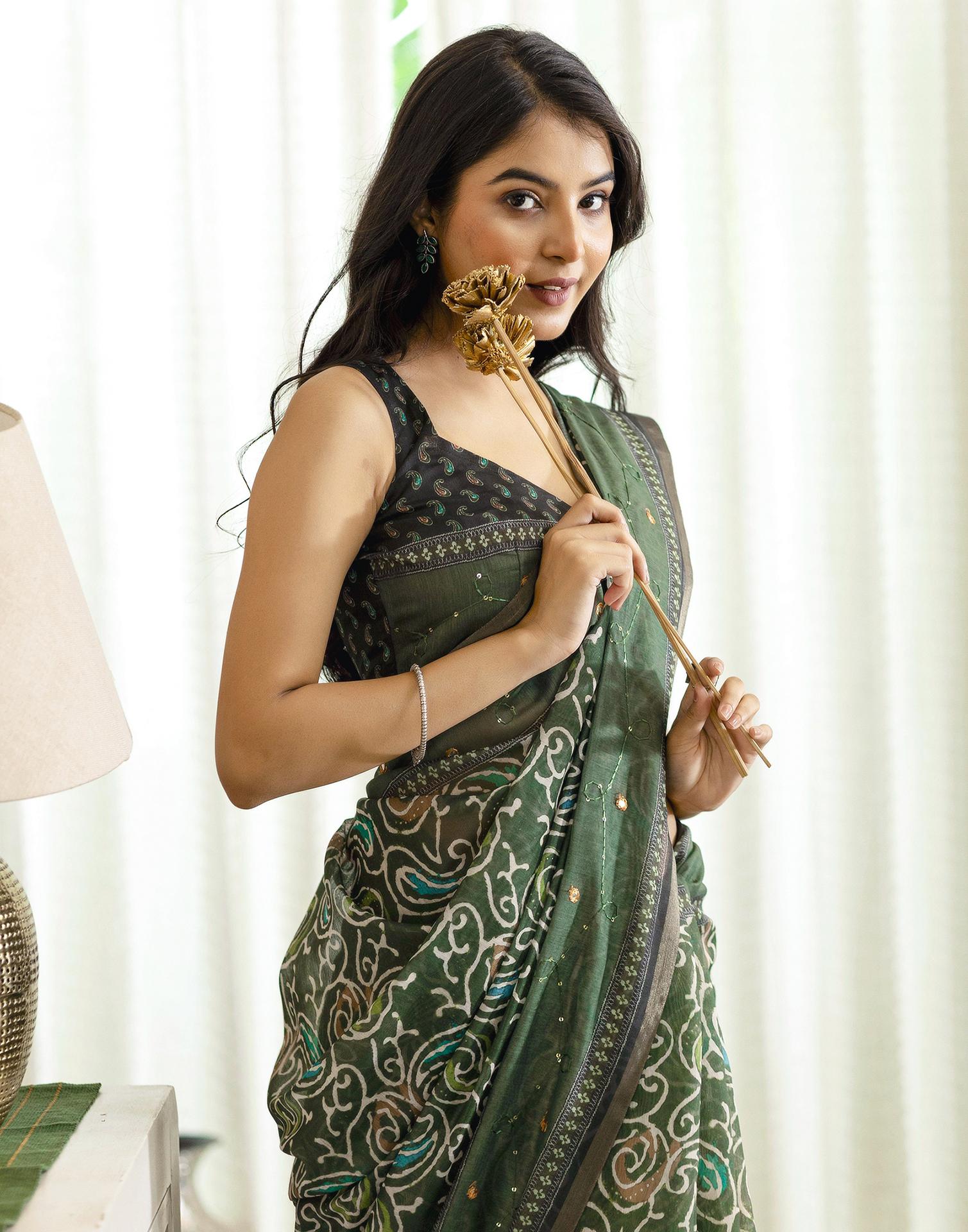 Dark Green Chanderi Printed Saree