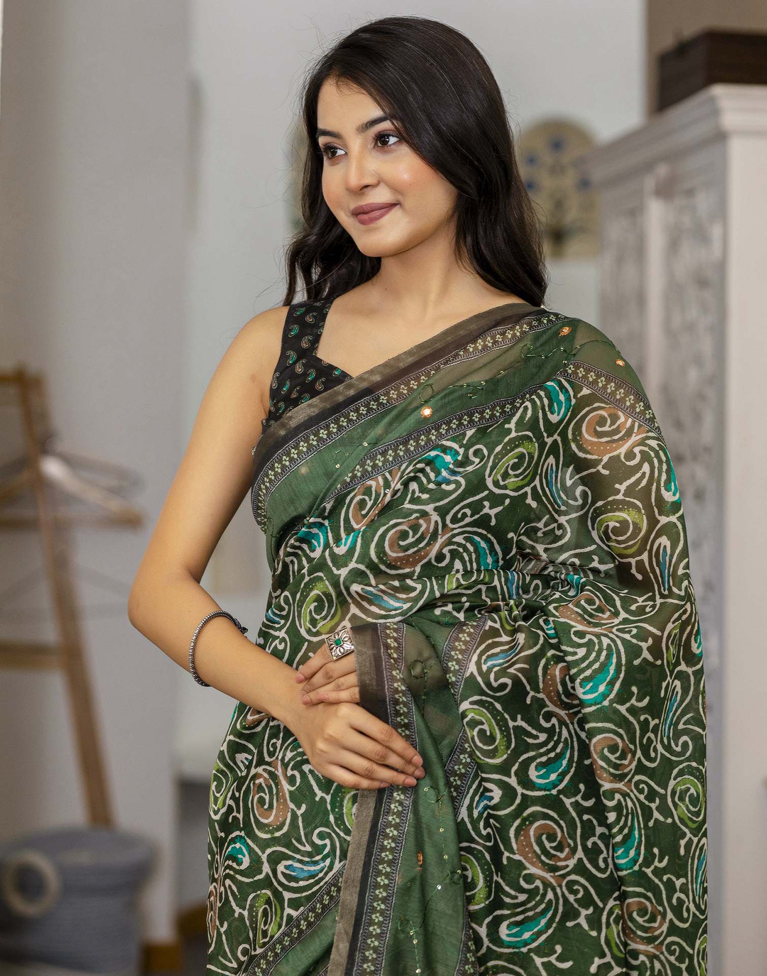 Dark Green Chanderi Printed Saree