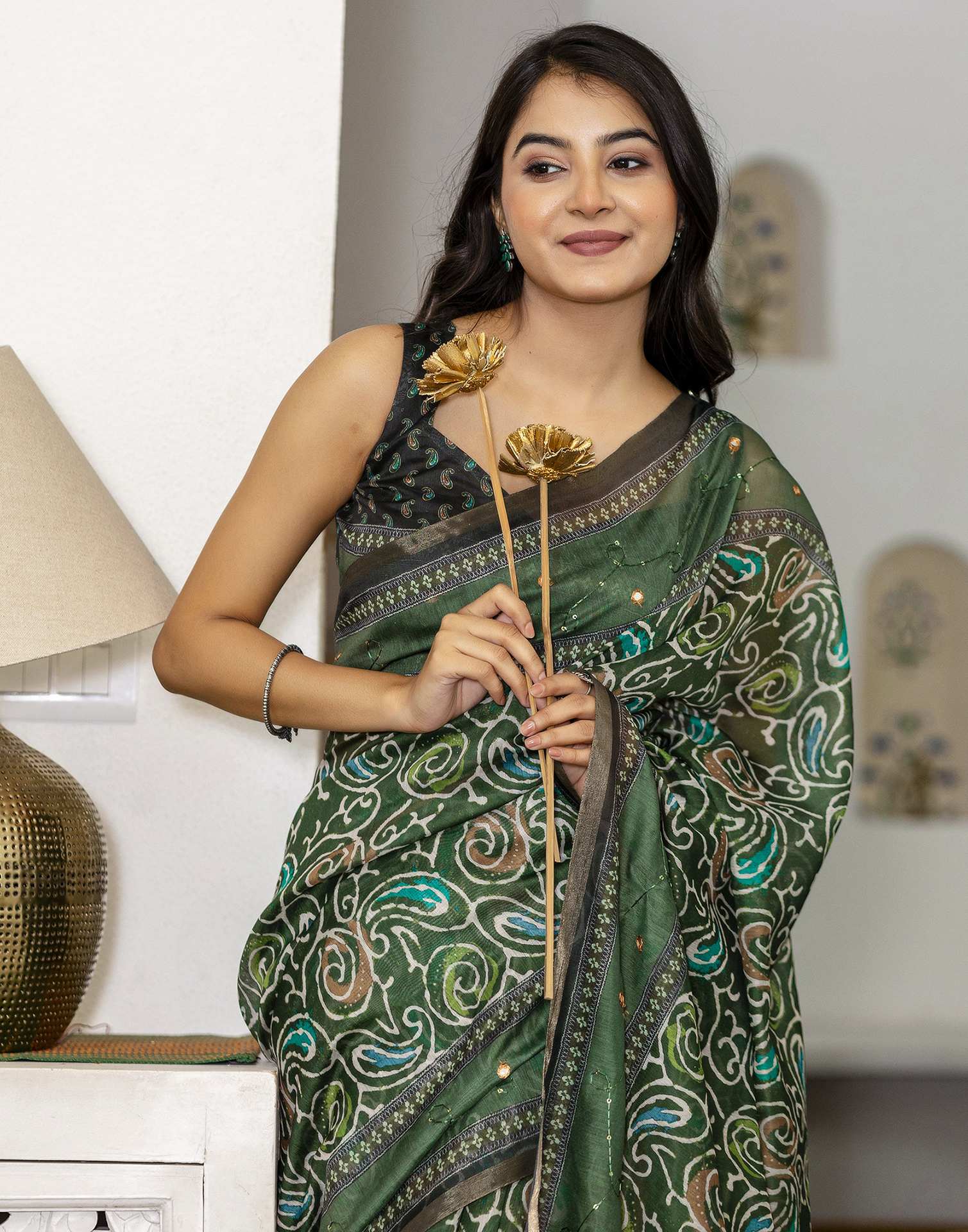 Dark Green Chanderi Printed Saree