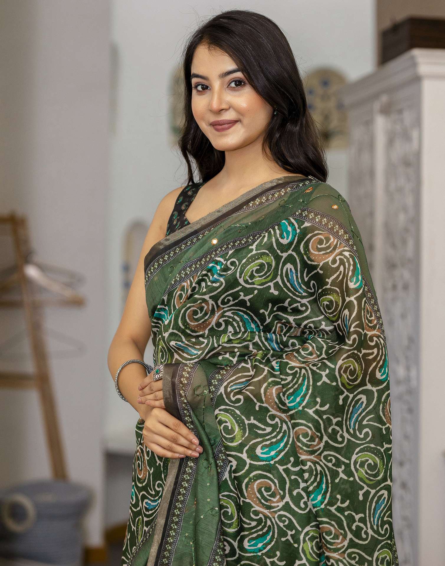 Dark Green Chanderi Printed Saree
