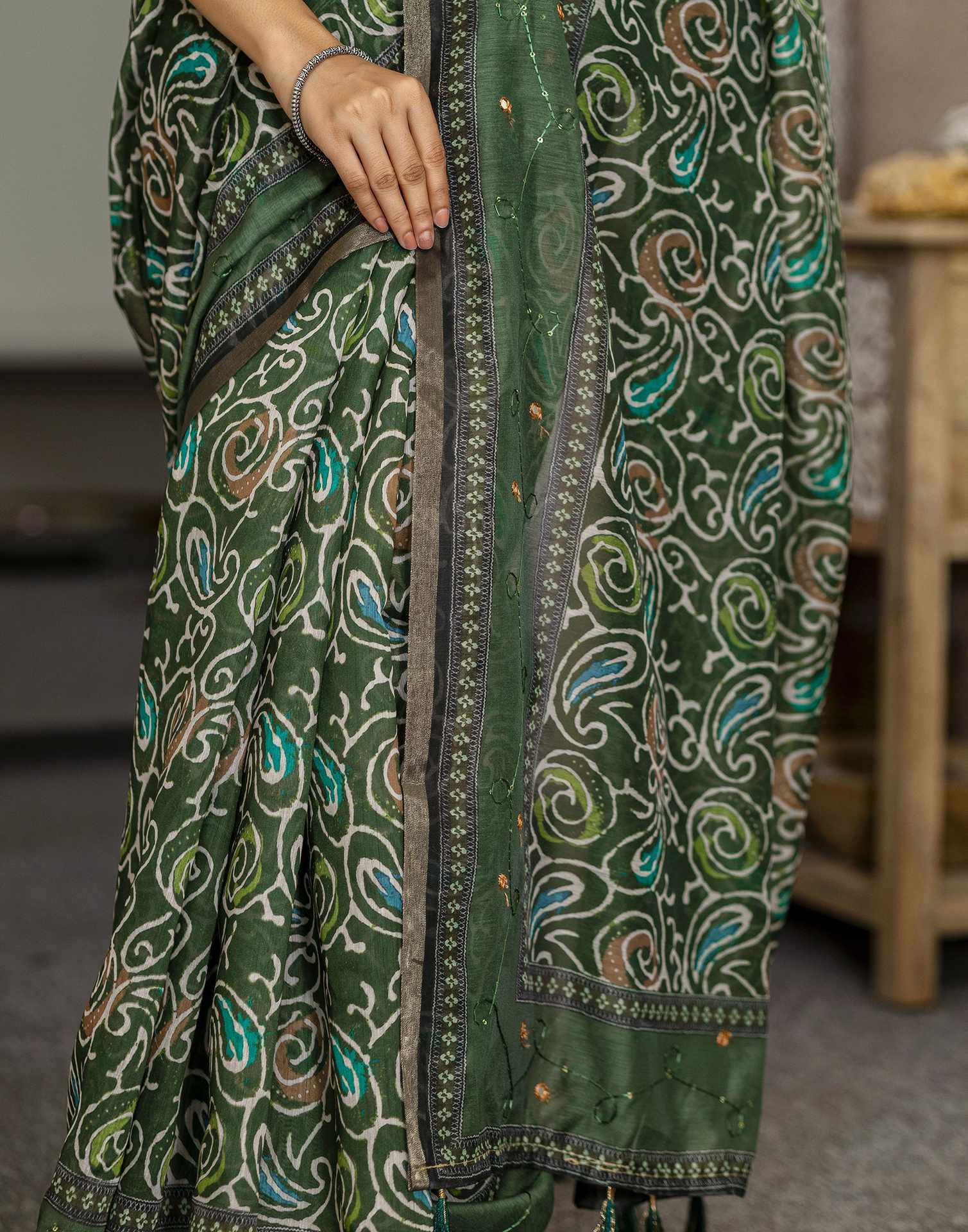Dark Green Chanderi Printed Saree
