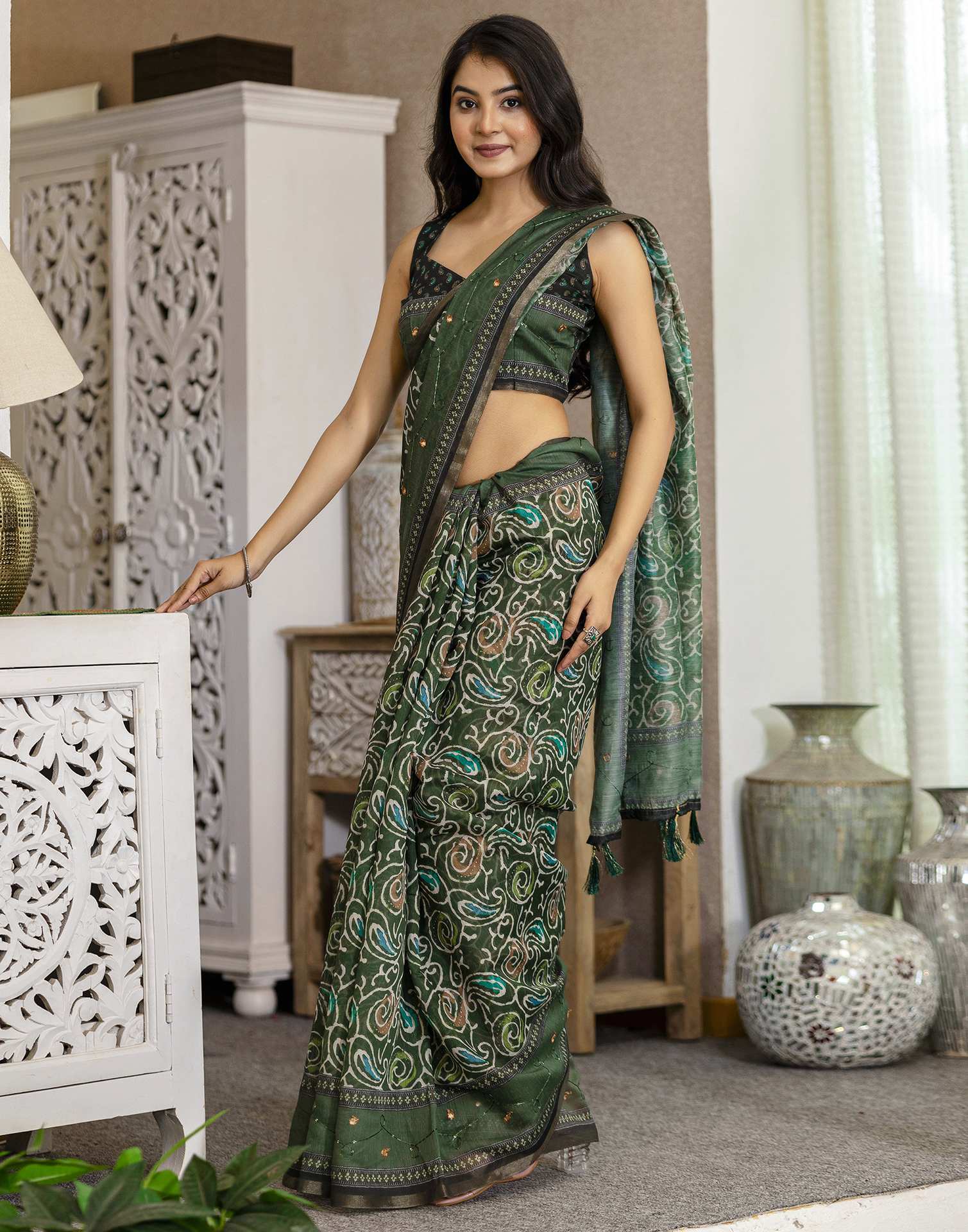 Dark Green Chanderi Printed Saree