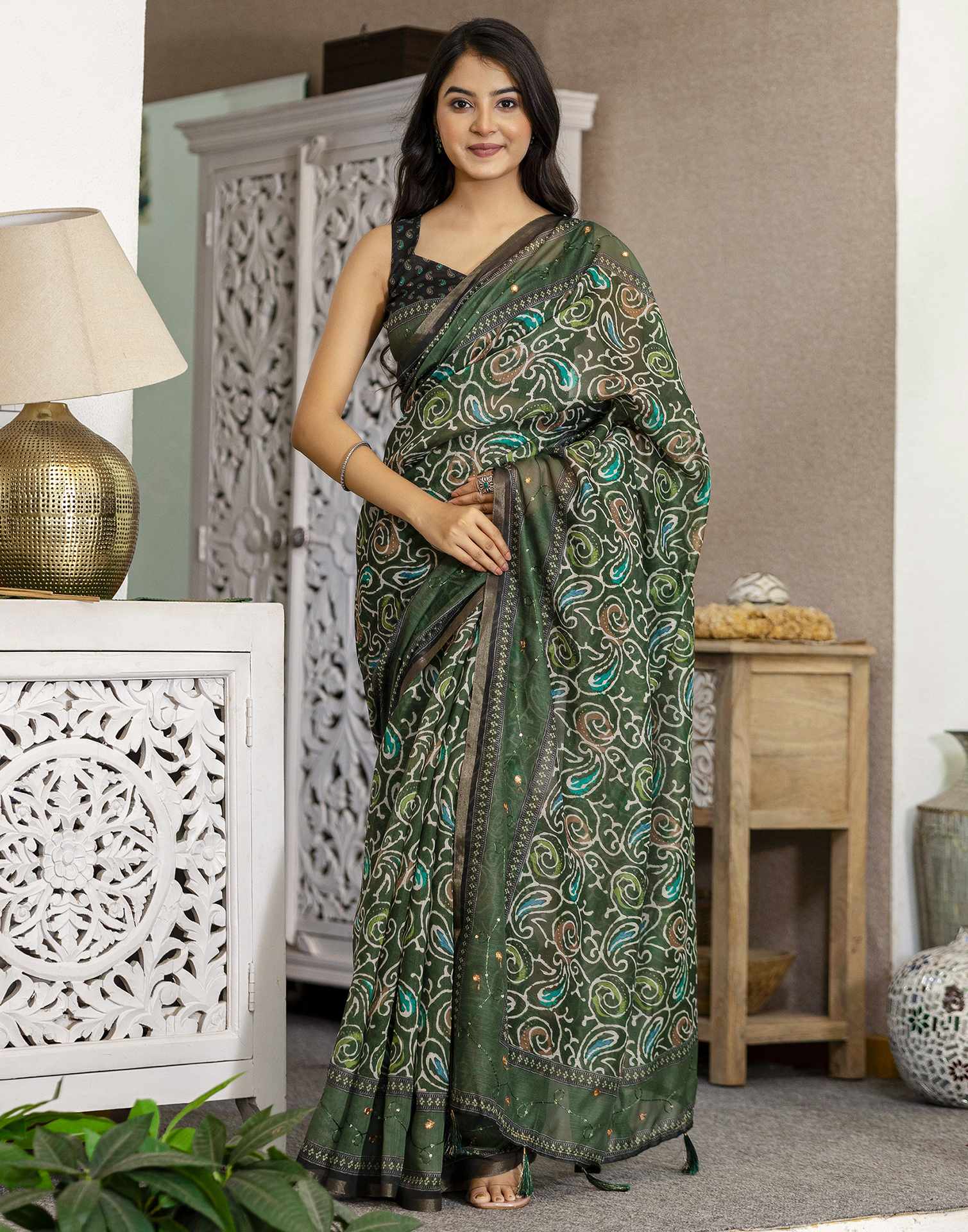 Dark Green Chanderi Printed Saree
