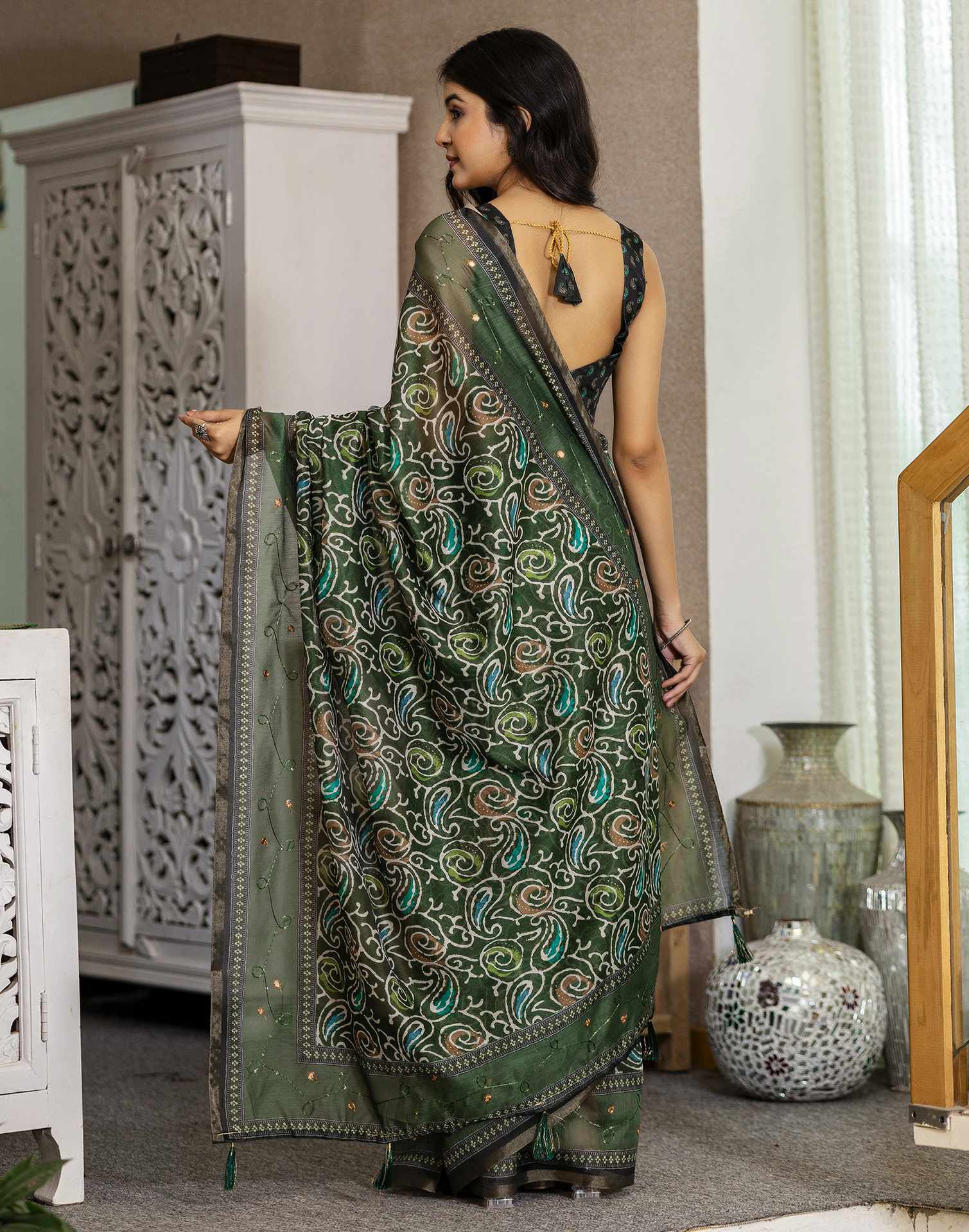 Dark Green Chanderi Printed Saree