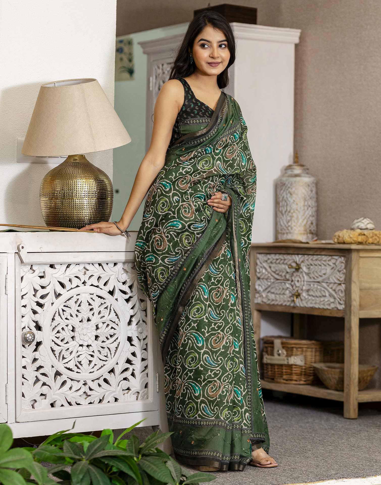 Dark Green Chanderi Printed Saree