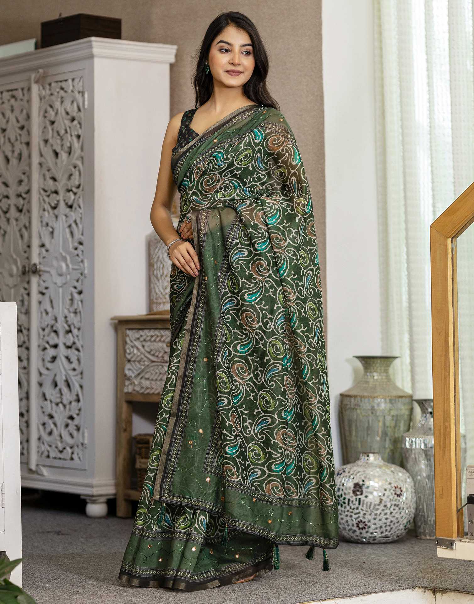Dark Green Chanderi Printed Saree