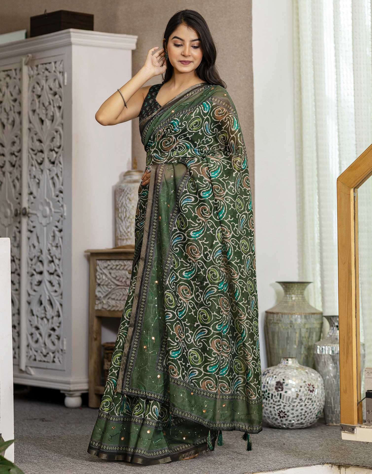 Dark Green Chanderi Printed Saree