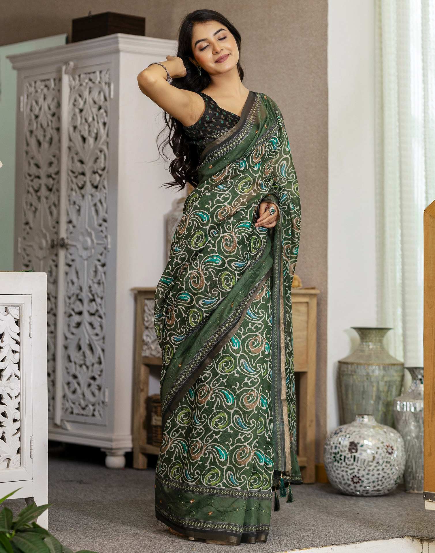 Dark Green Chanderi Printed Saree