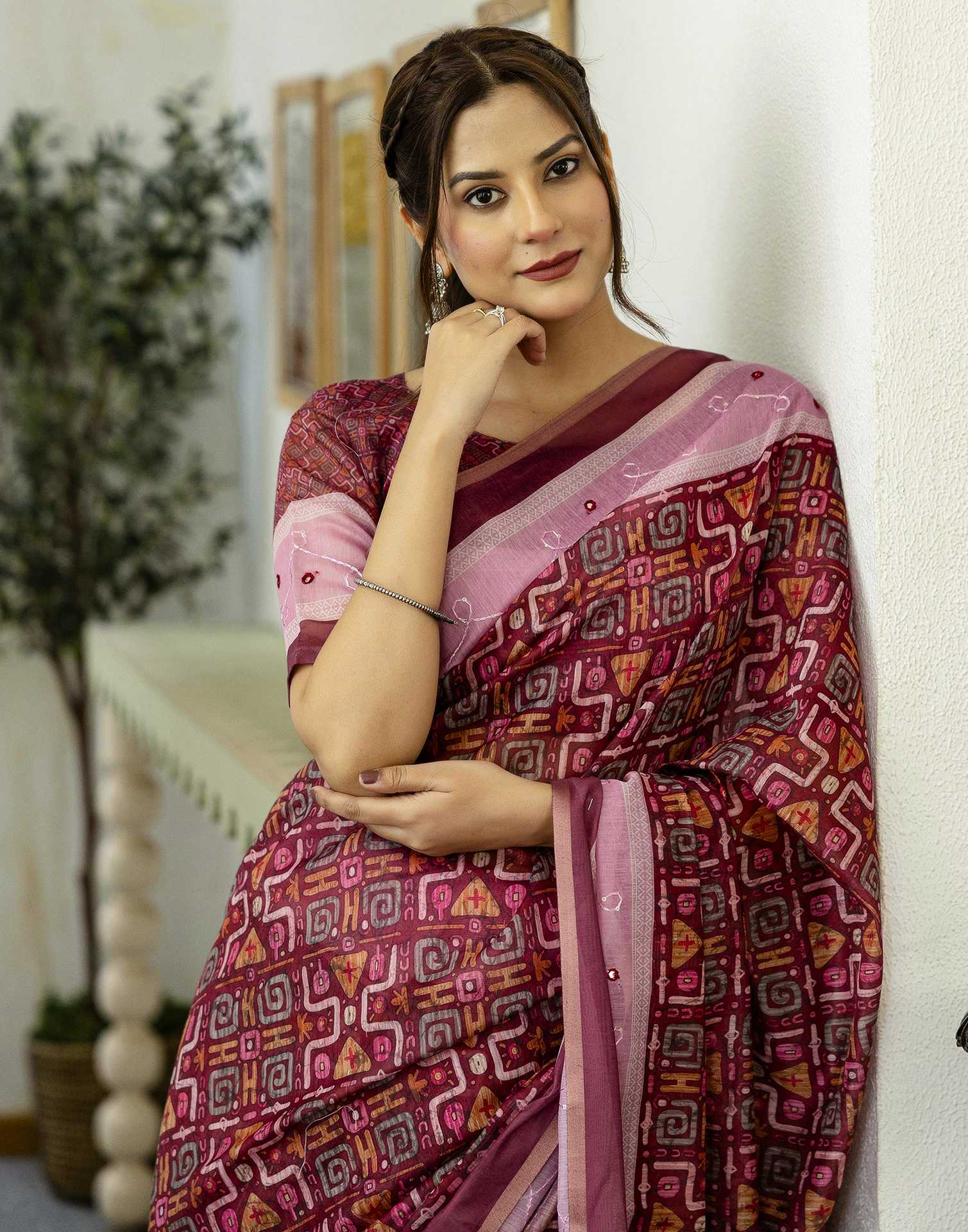 Dark Rani Pink Chanderi Printed Saree