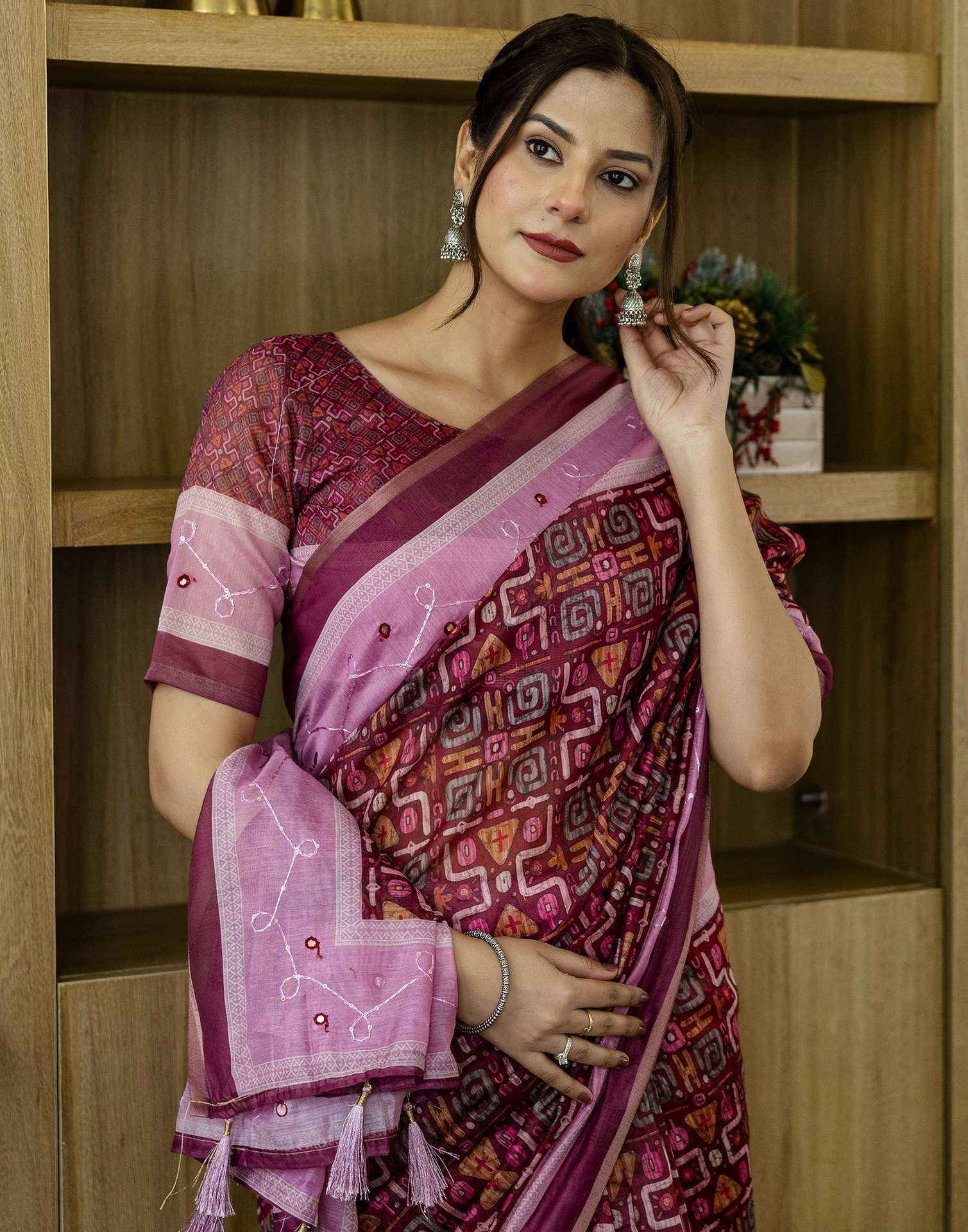 Dark Rani Pink Chanderi Printed Saree