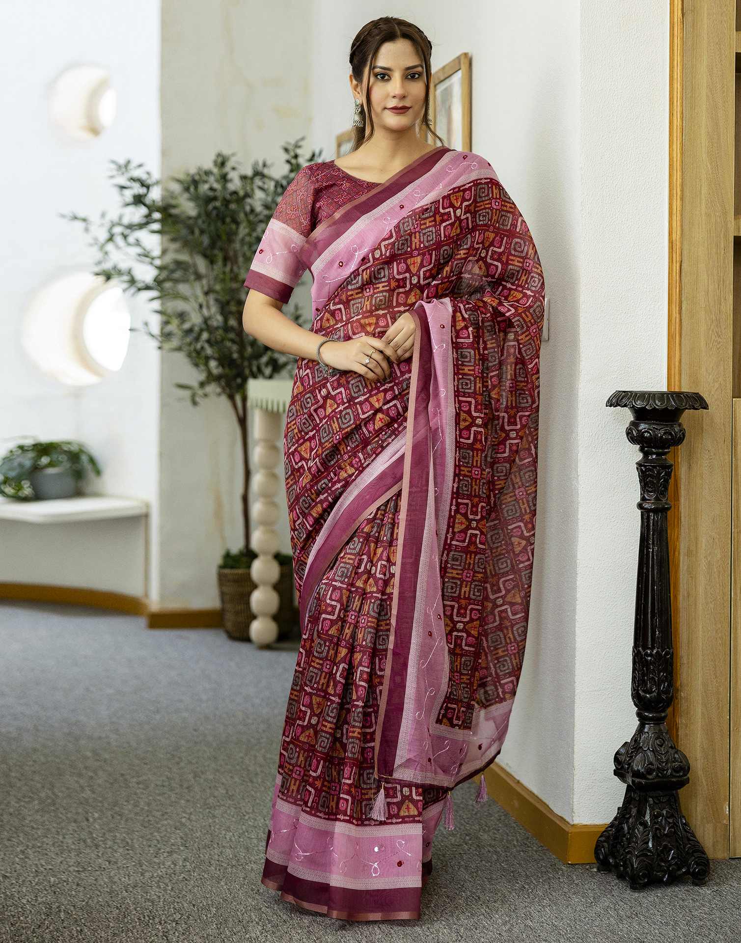 Dark Rani Pink Chanderi Printed Saree
