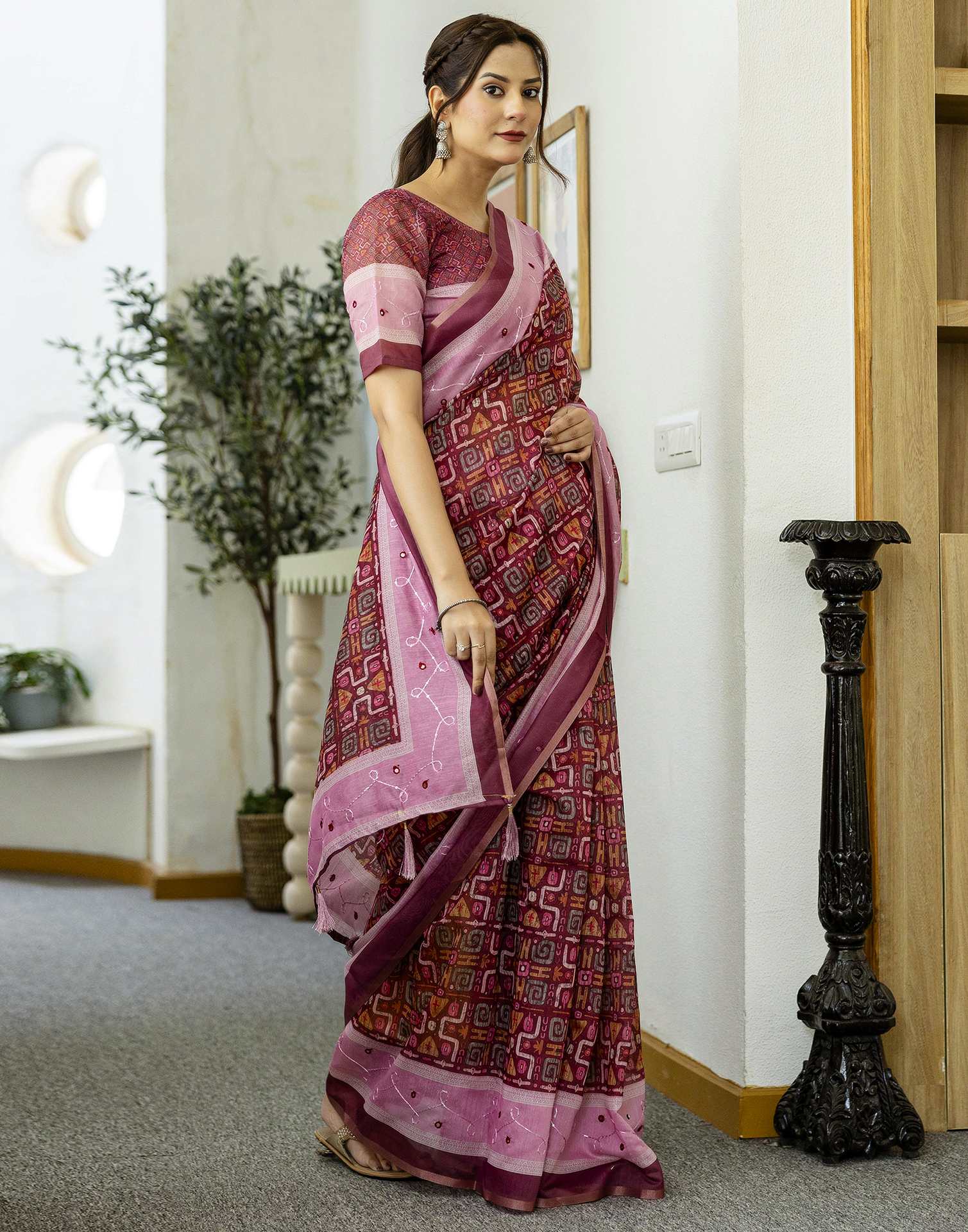 Dark Rani Pink Chanderi Printed Saree