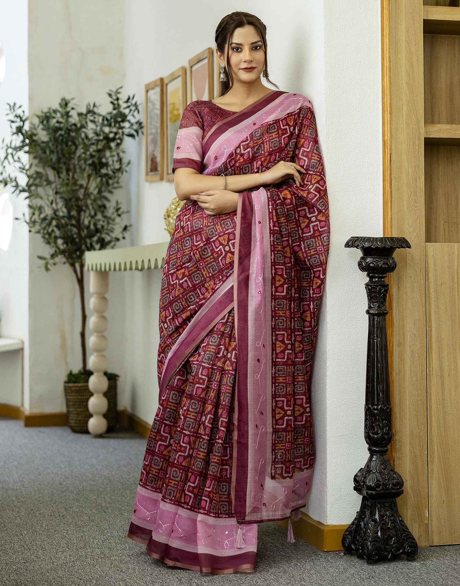 Dark Rani Pink Chanderi Printed Saree