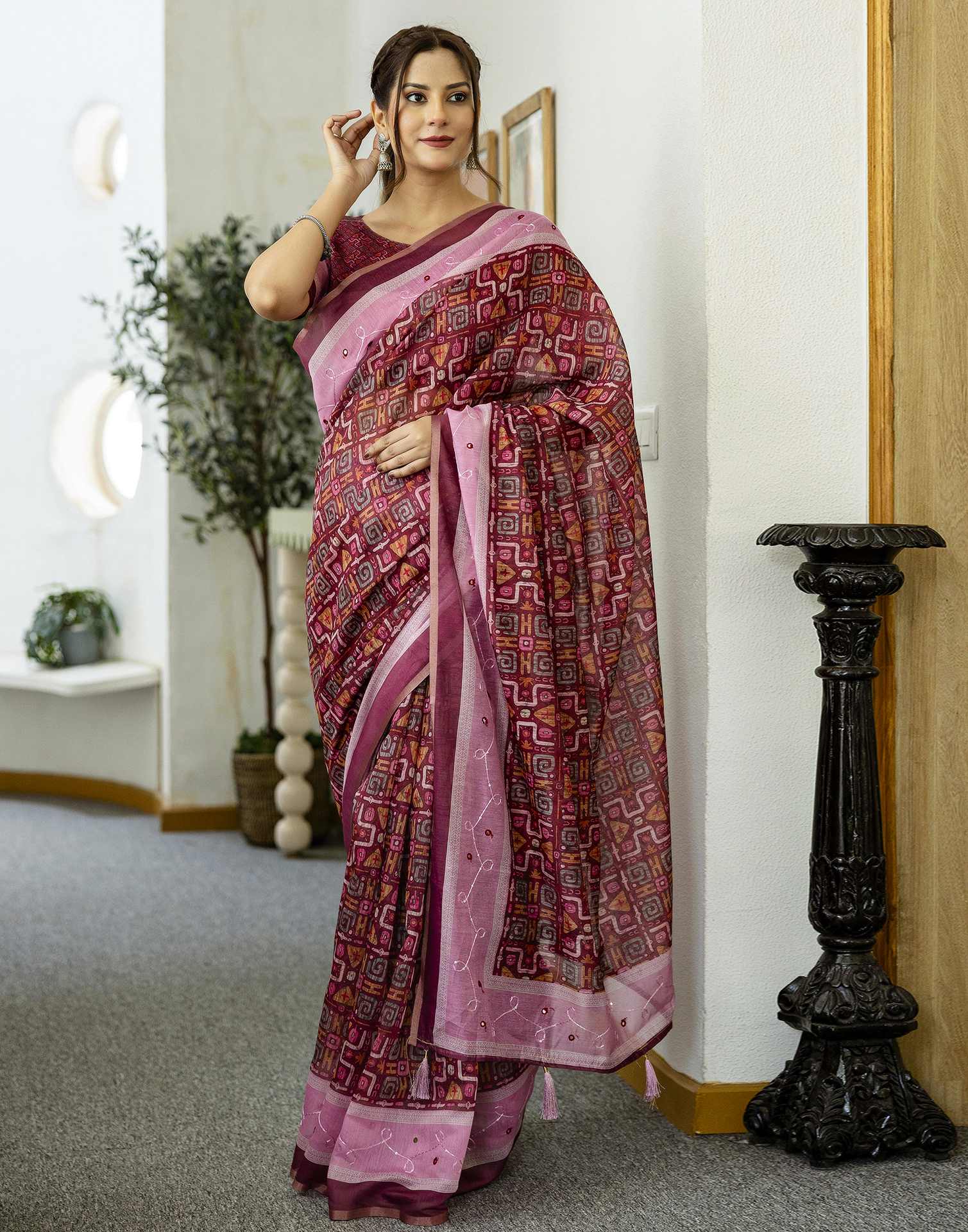 Dark Rani Pink Chanderi Printed Saree