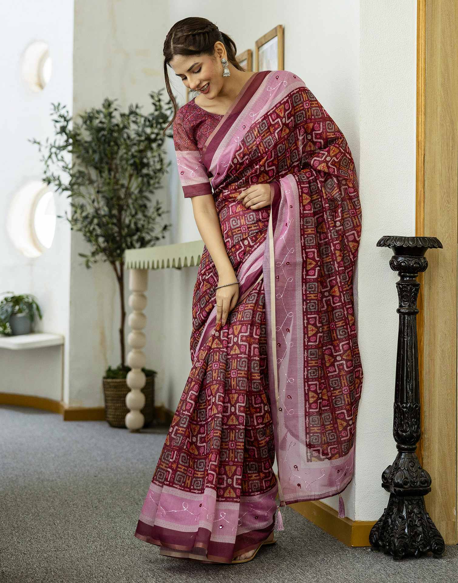 Dark Rani Pink Chanderi Printed Saree