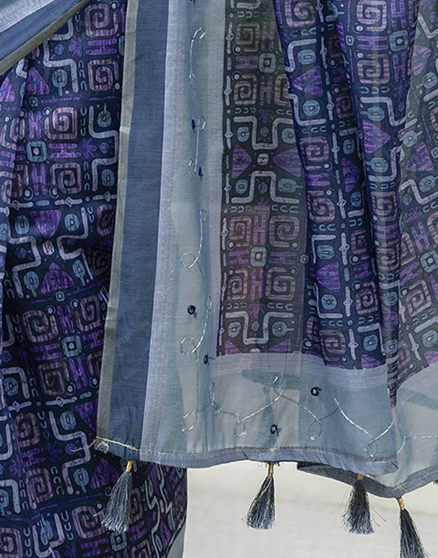 Dark Blue Chanderi Printed Saree