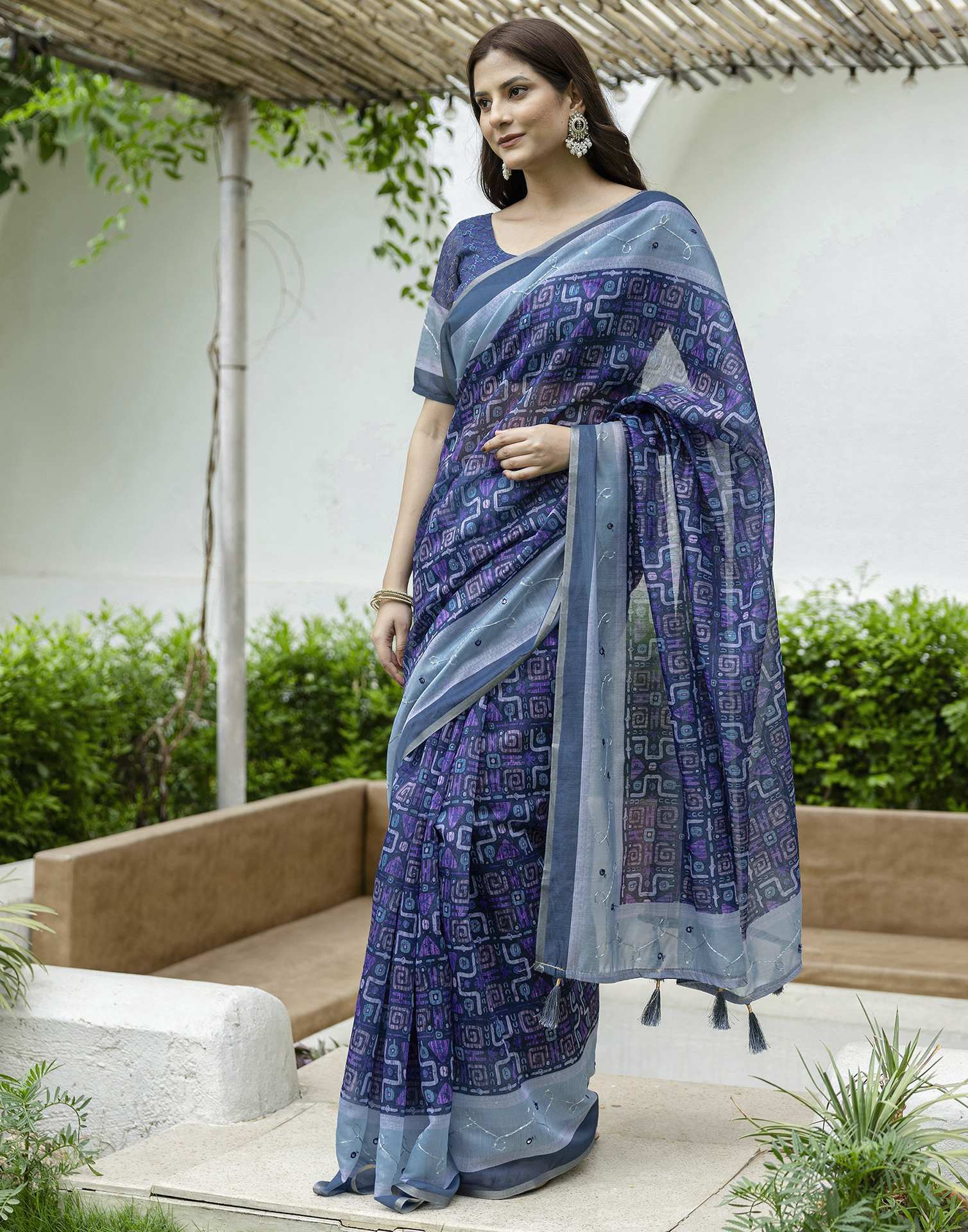 Dark Blue Chanderi Printed Saree