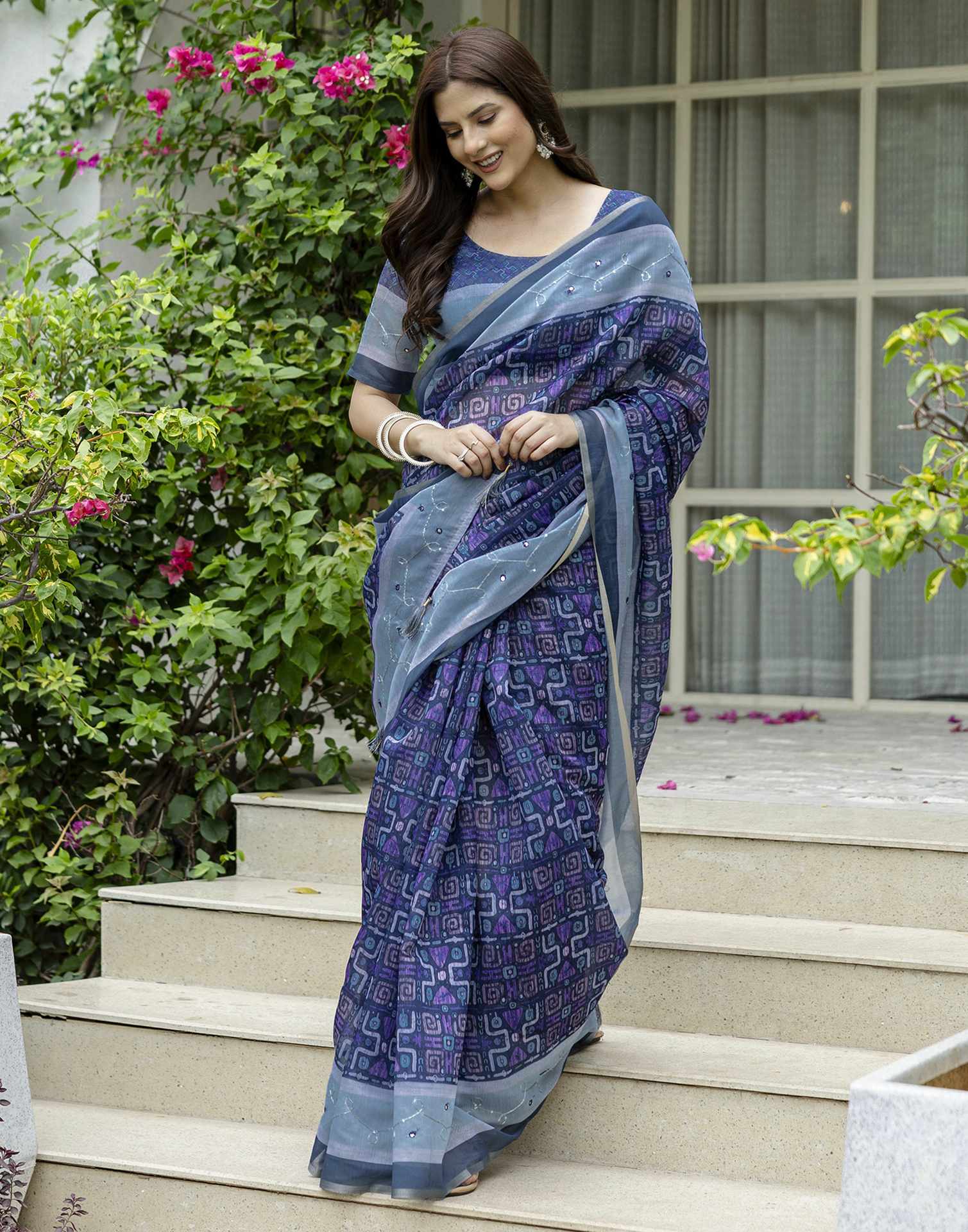 Dark Blue Chanderi Printed Saree