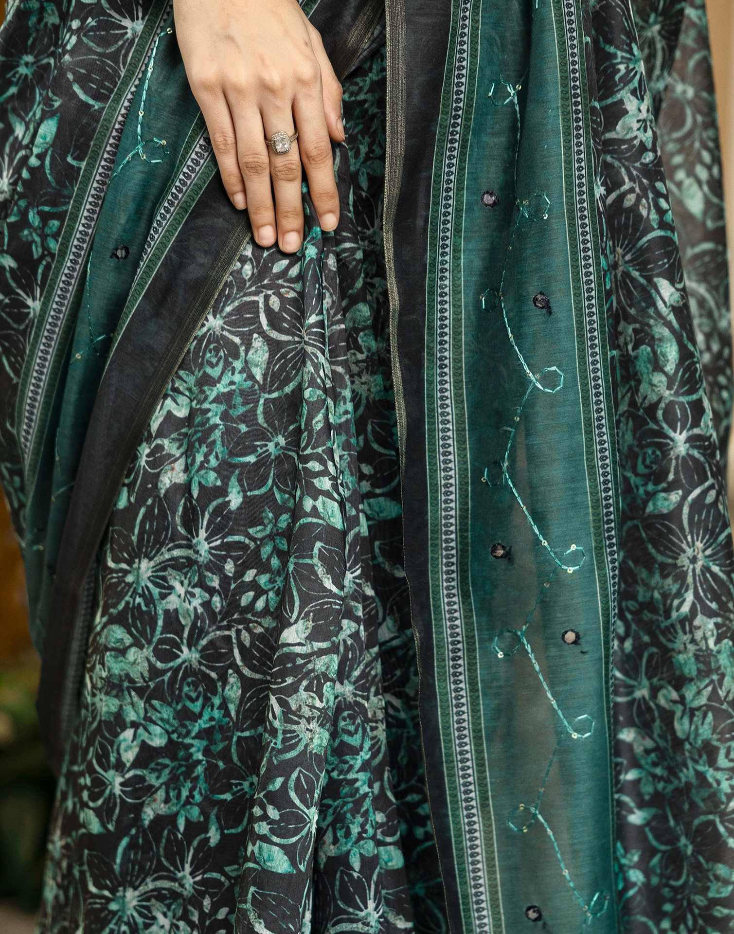 Teal Green Chanderi Printed Saree