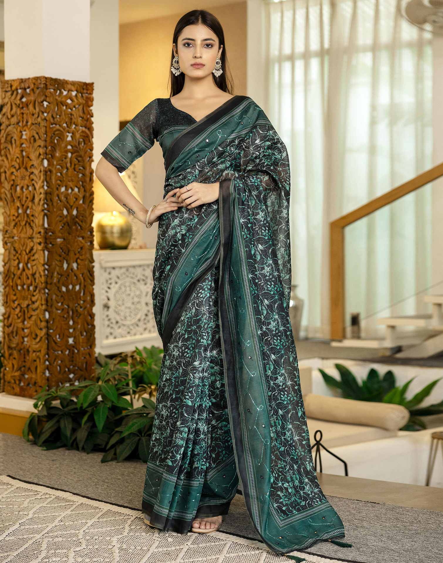 Teal Green Chanderi Printed Saree