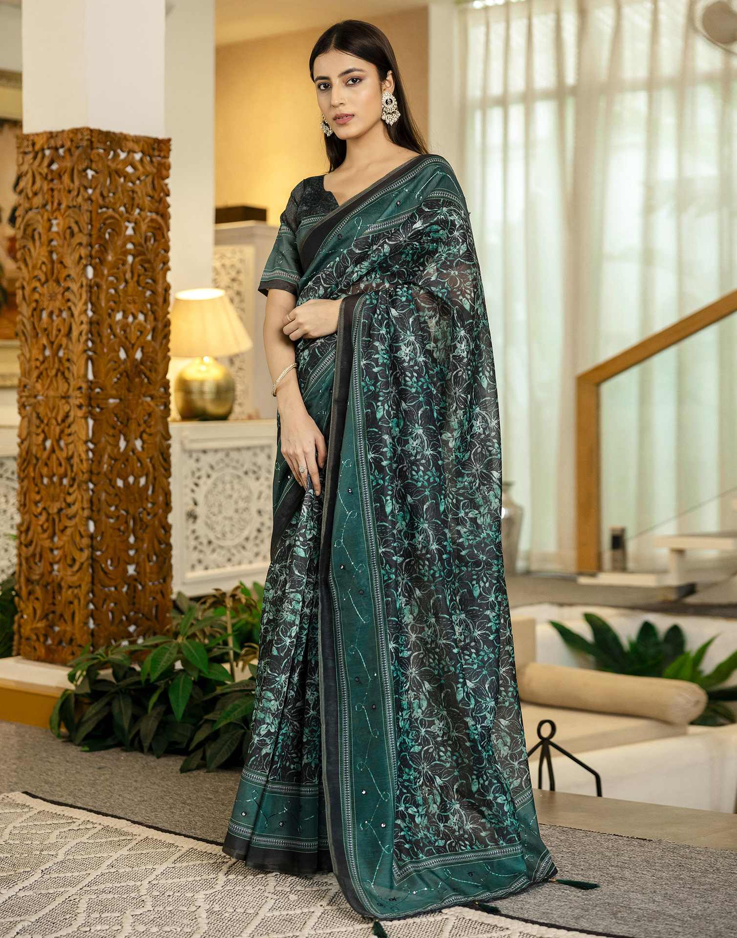 Teal Green Chanderi Printed Saree