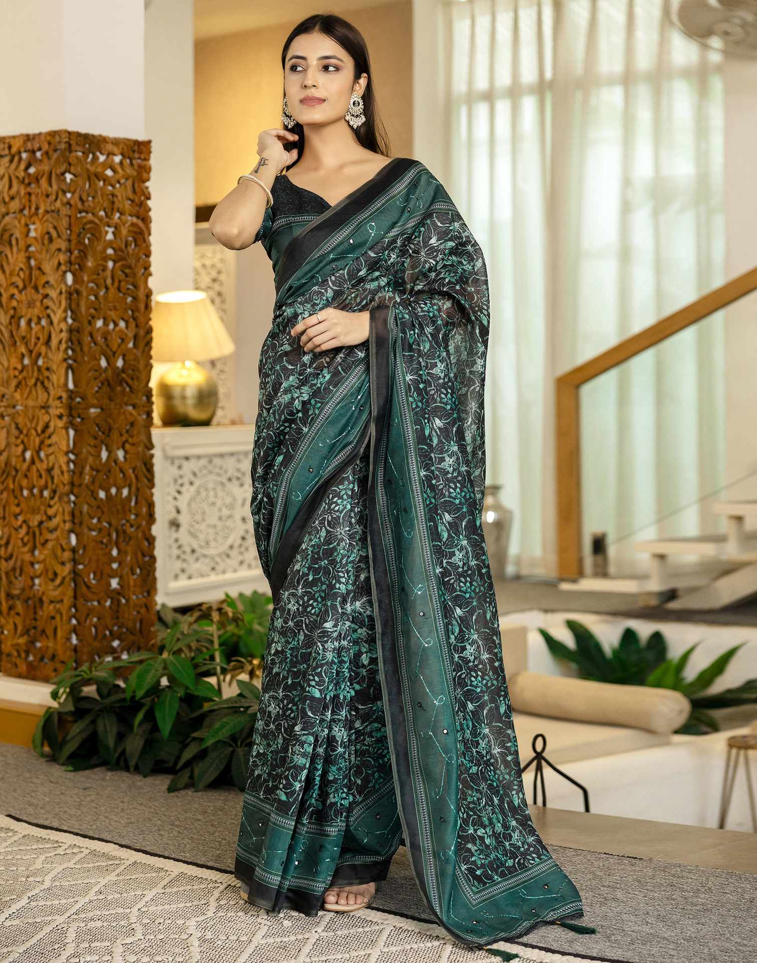 Teal Green Chanderi Printed Saree