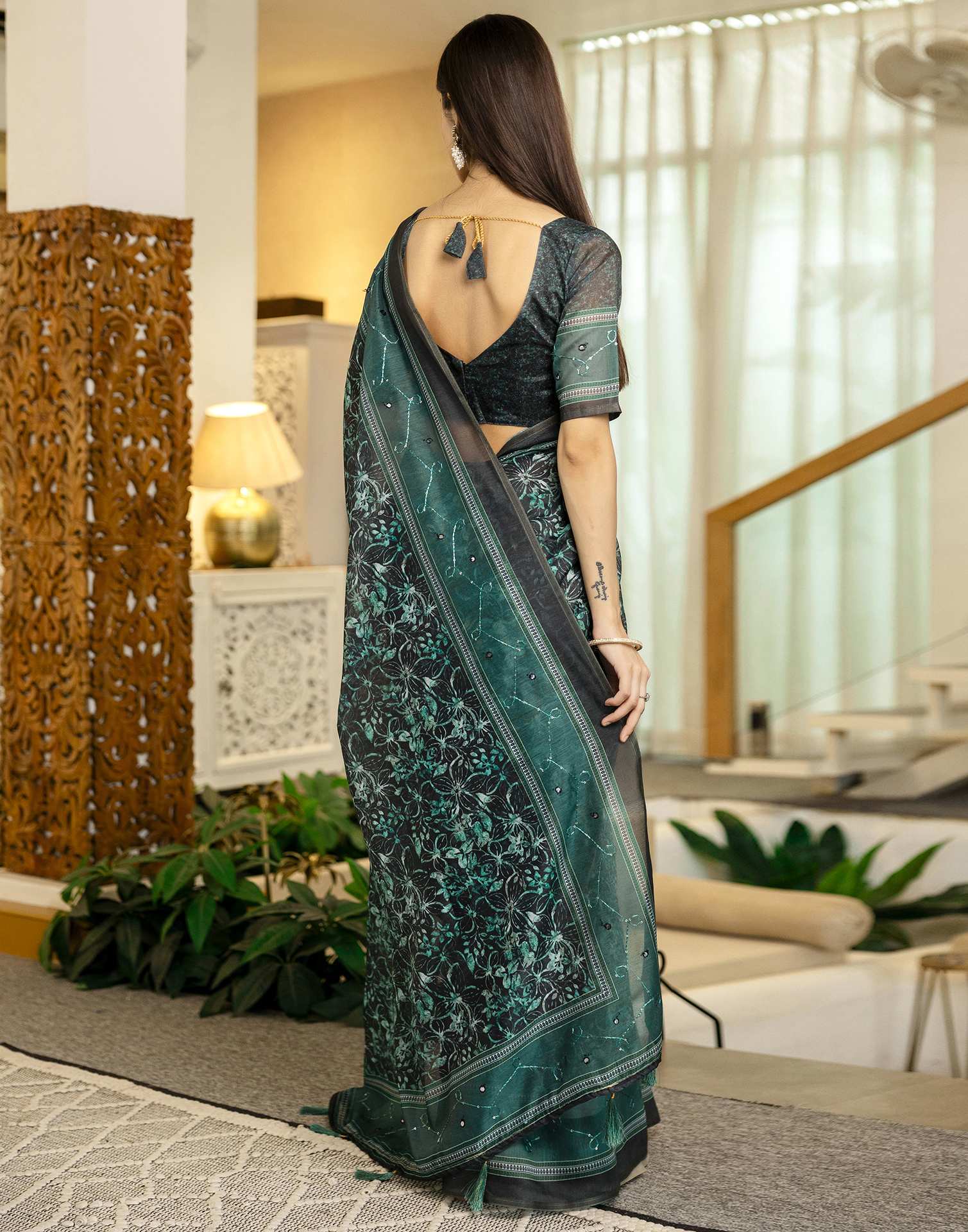 Teal Green Chanderi Printed Saree