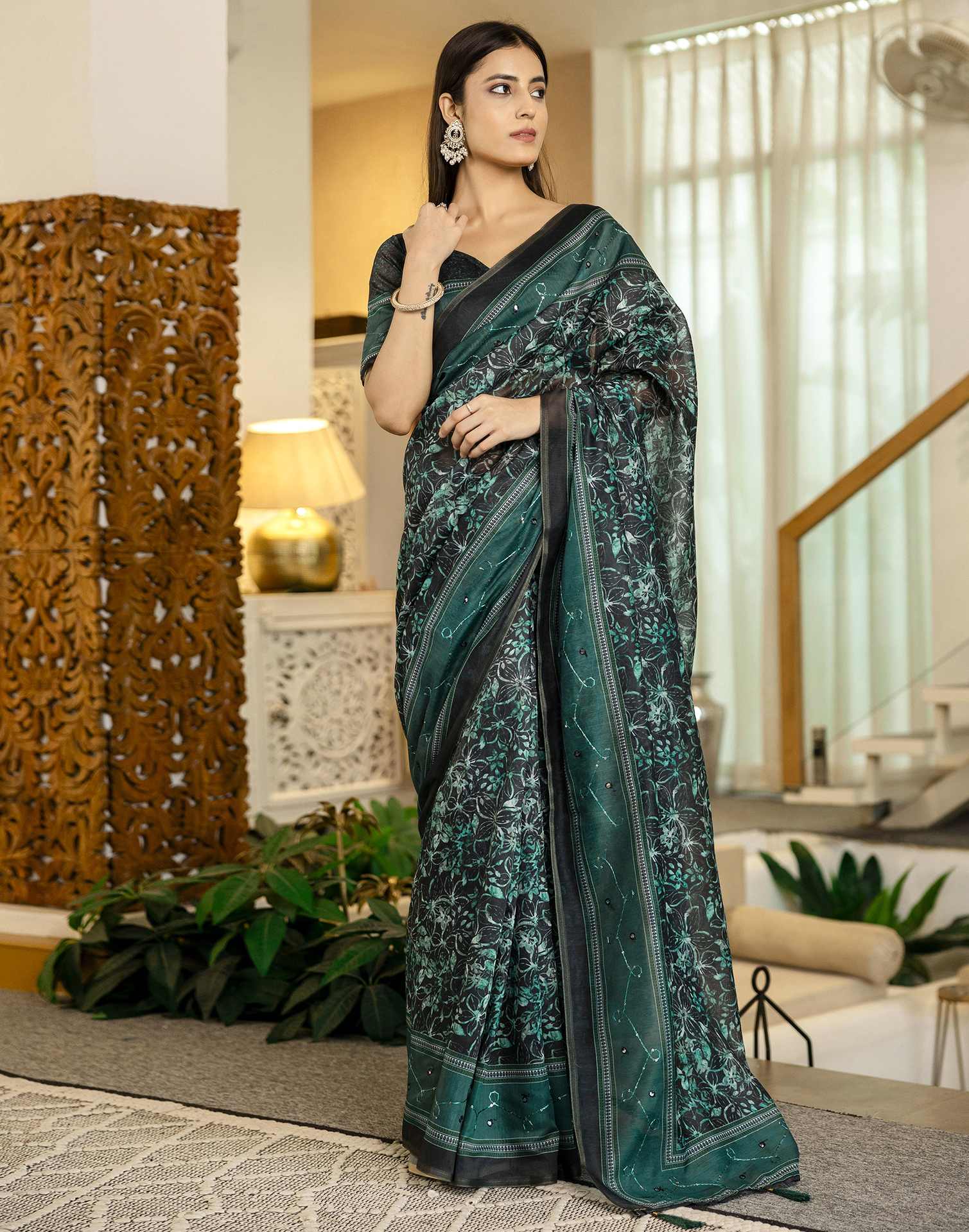 Teal Green Chanderi Printed Saree