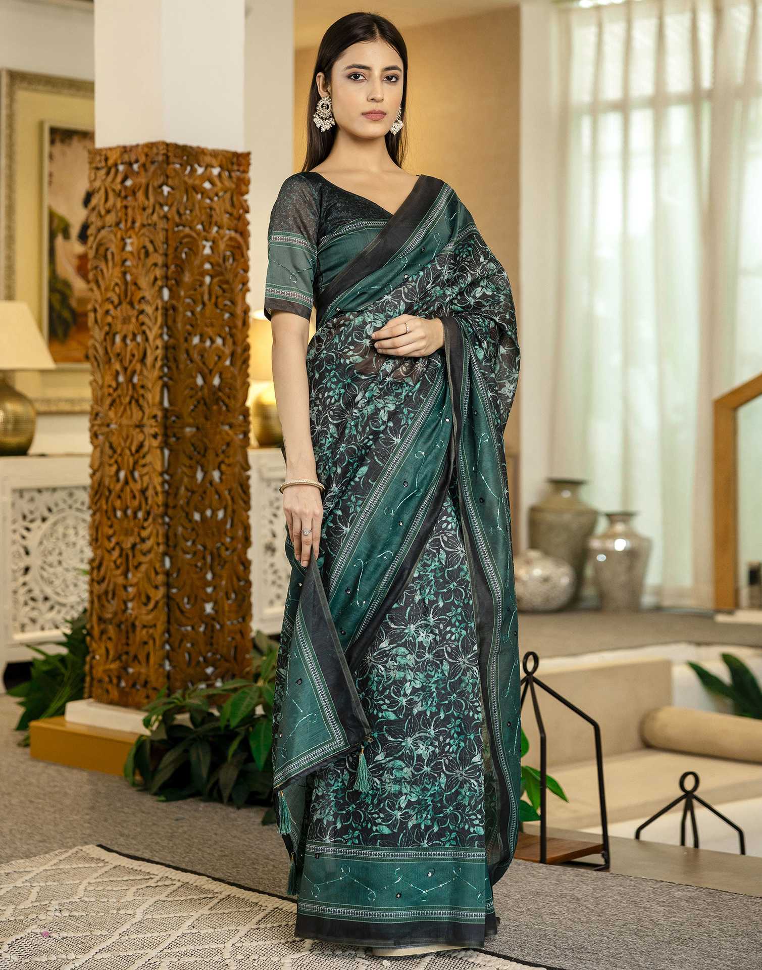 Teal Green Chanderi Printed Saree