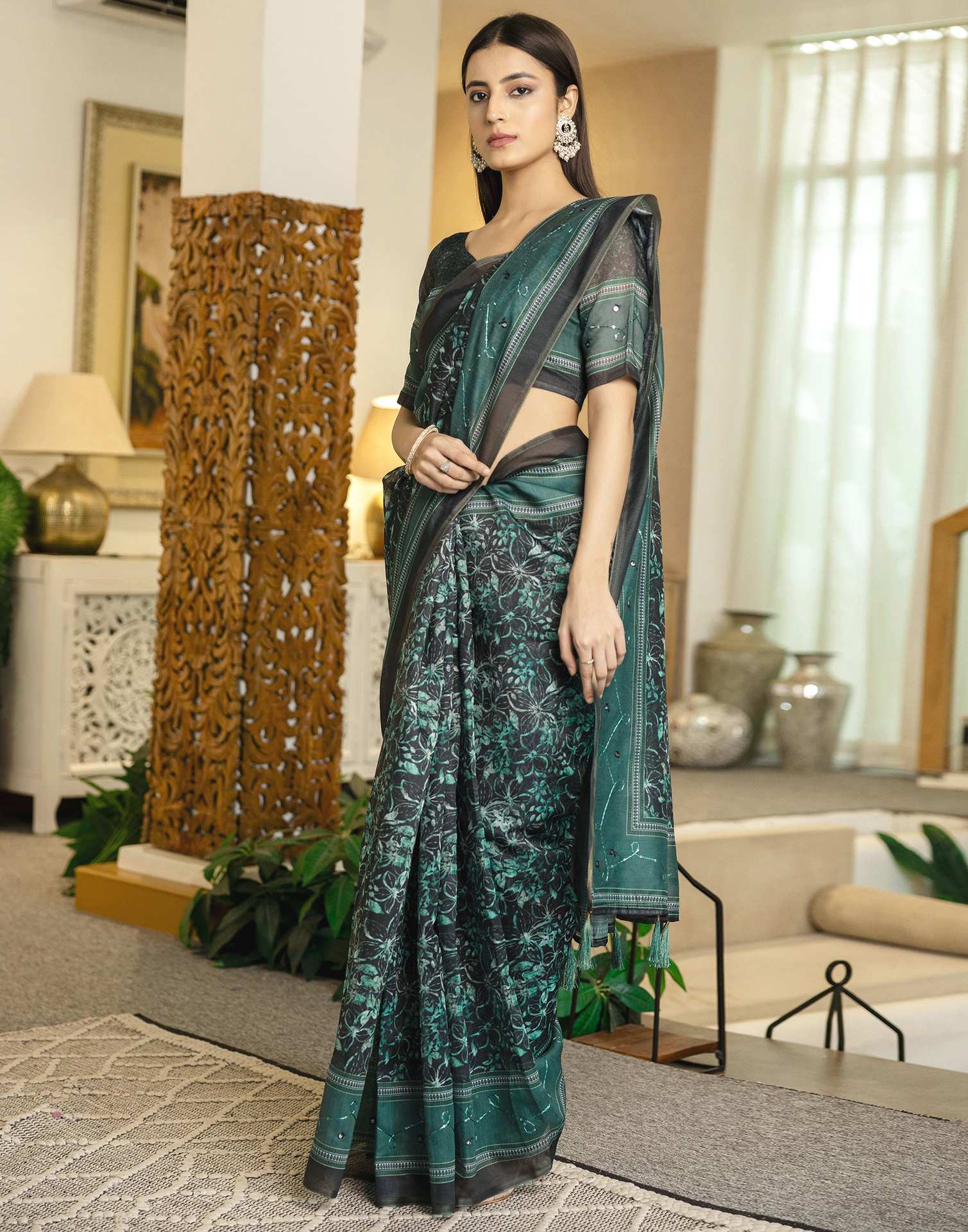 Teal Green Chanderi Printed Saree