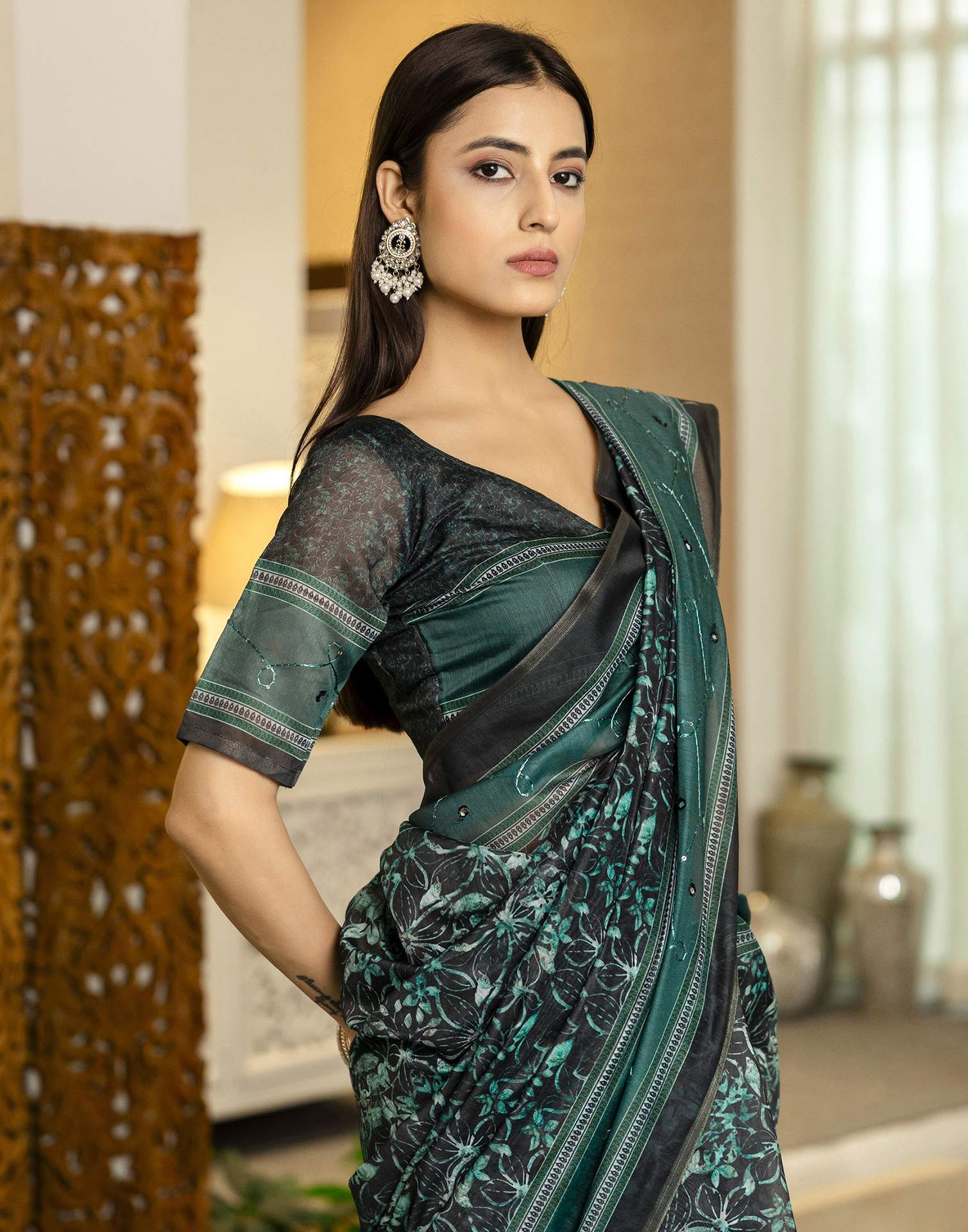 Teal Green Chanderi Printed Saree