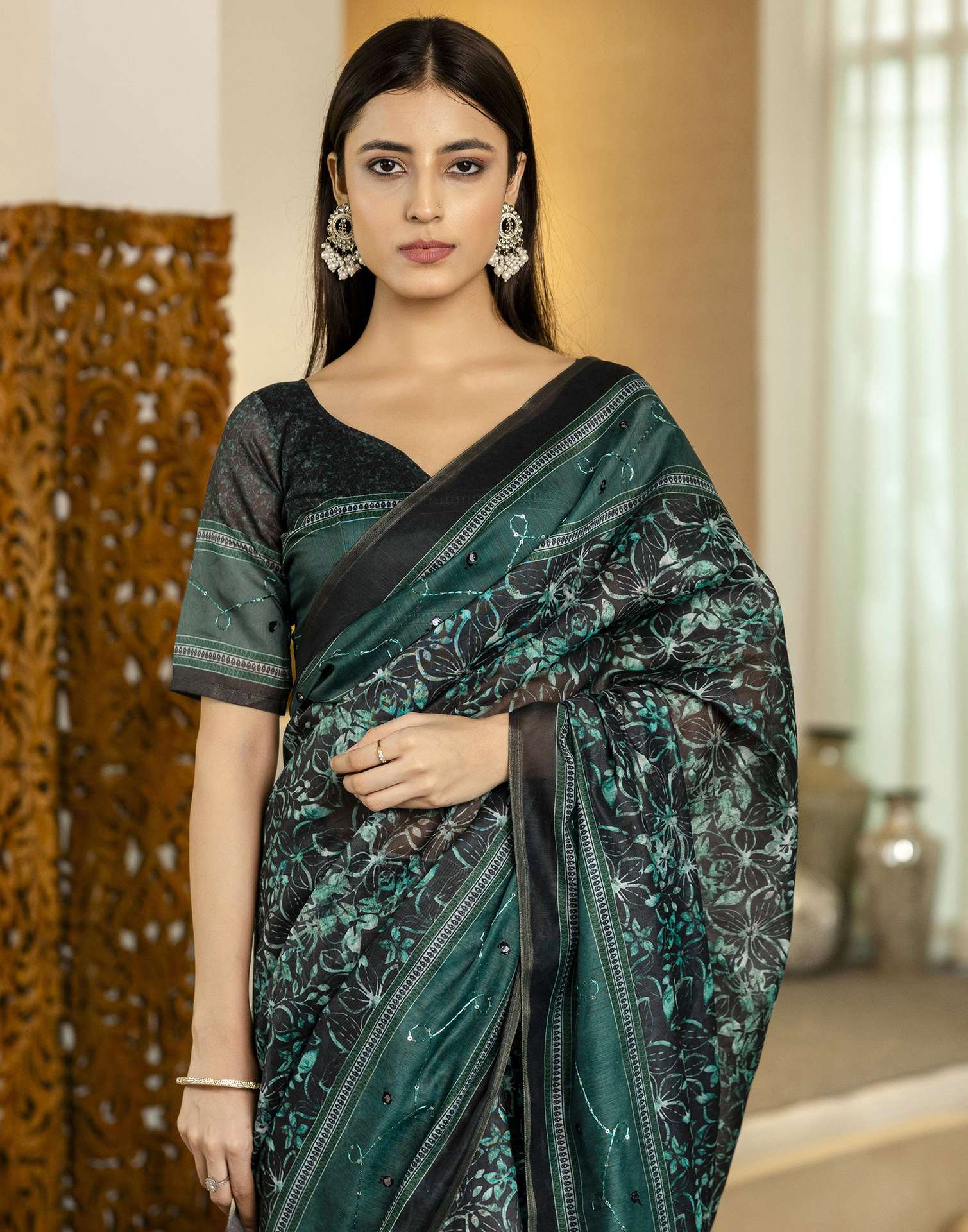 Teal Green Chanderi Printed Saree