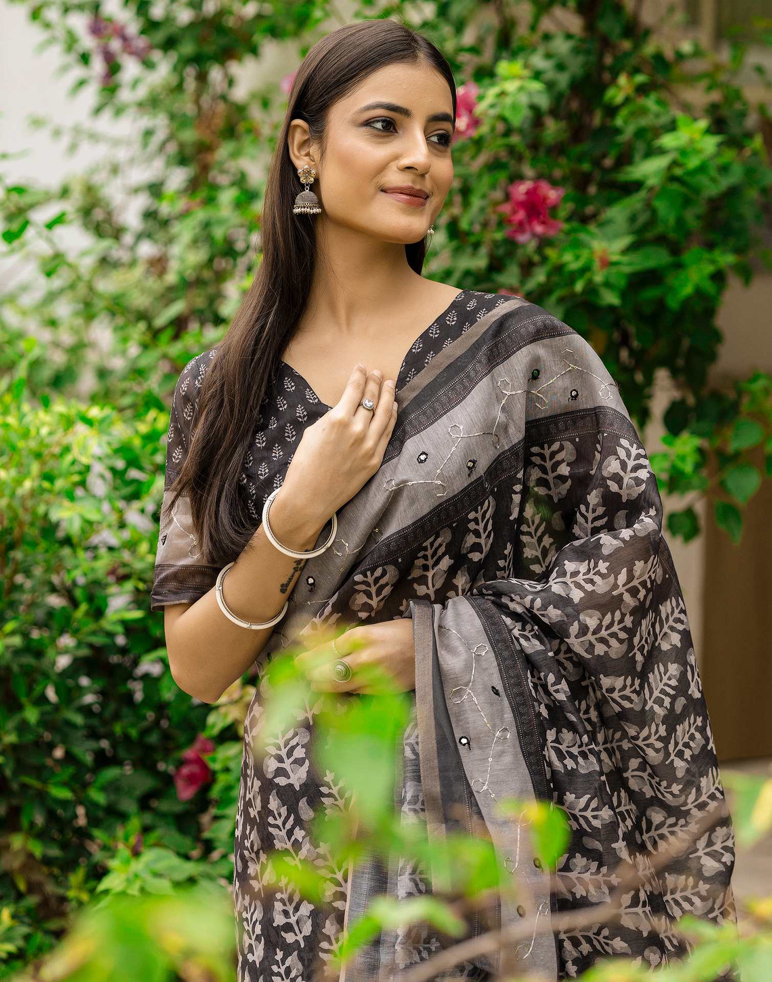 Black Chanderi Printed Saree