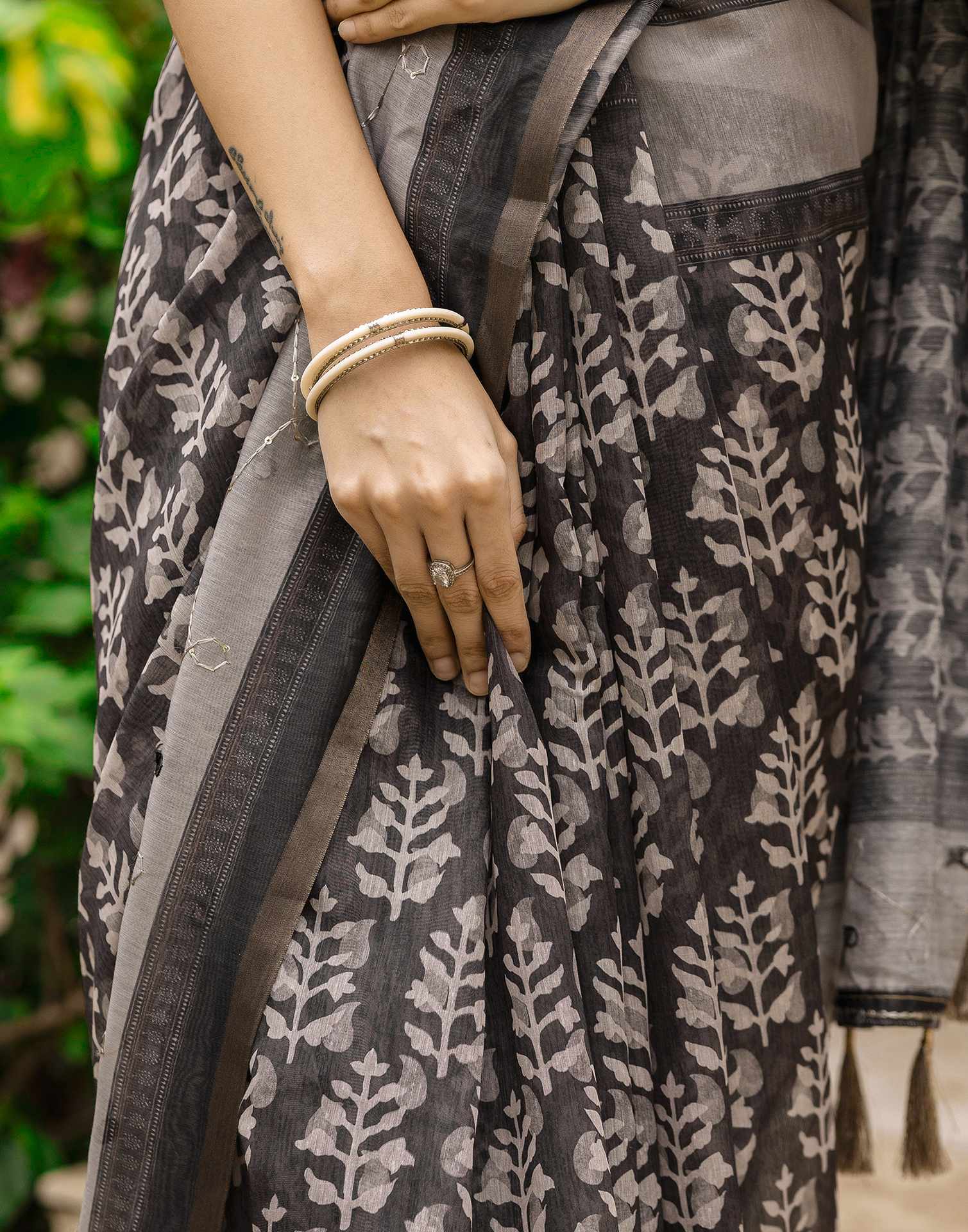 Black Chanderi Printed Saree