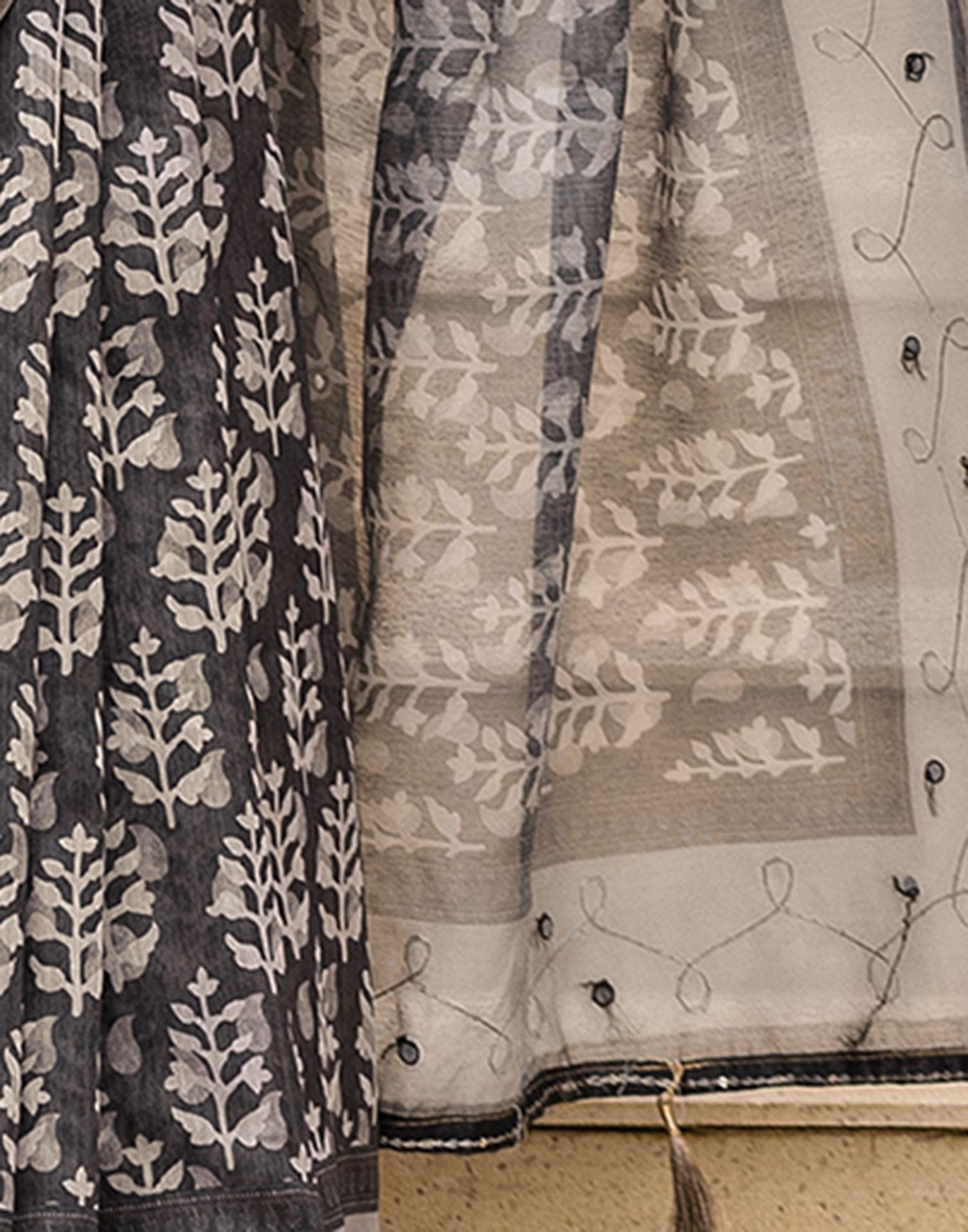 Black Chanderi Printed Saree