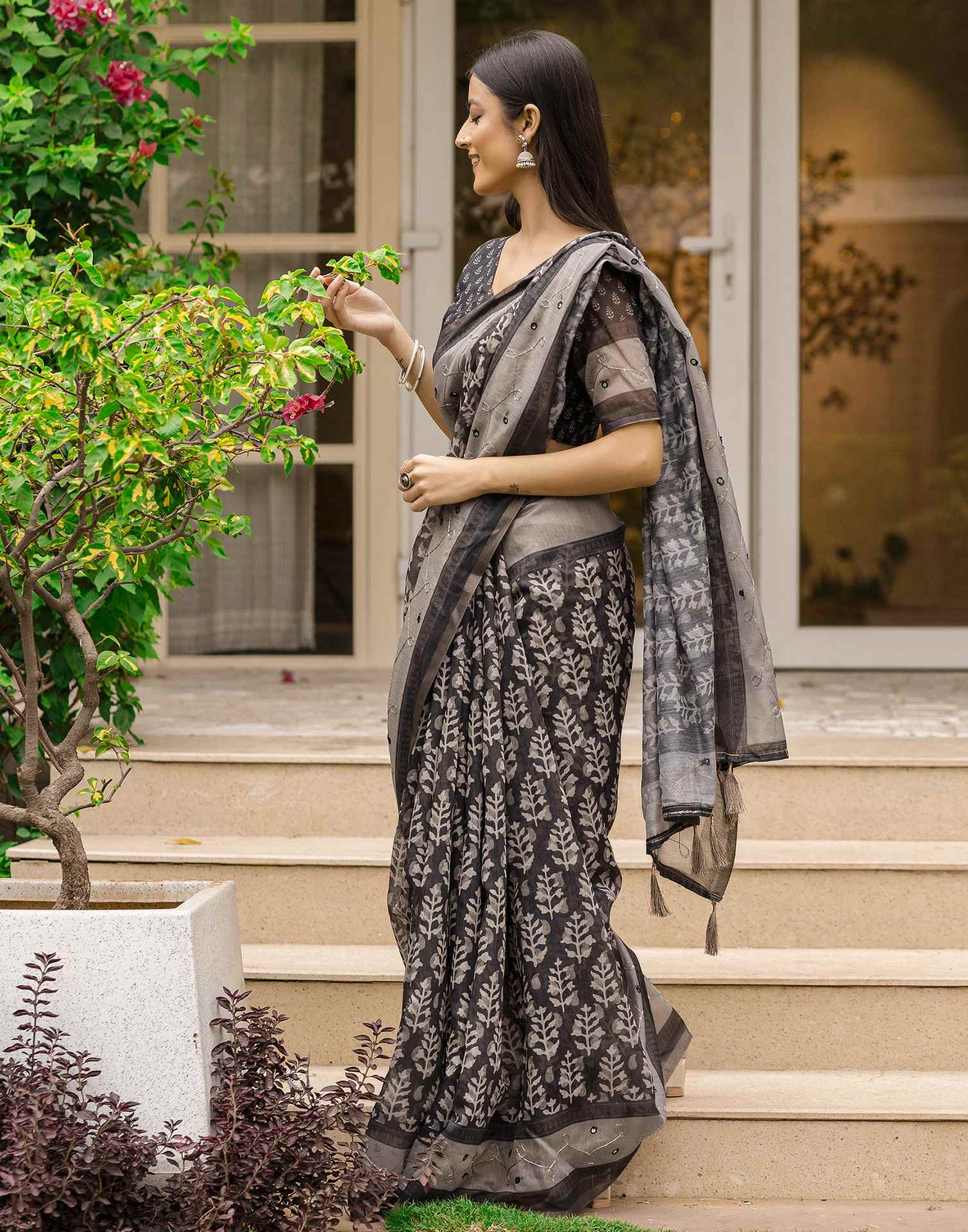 Black Chanderi Printed Saree
