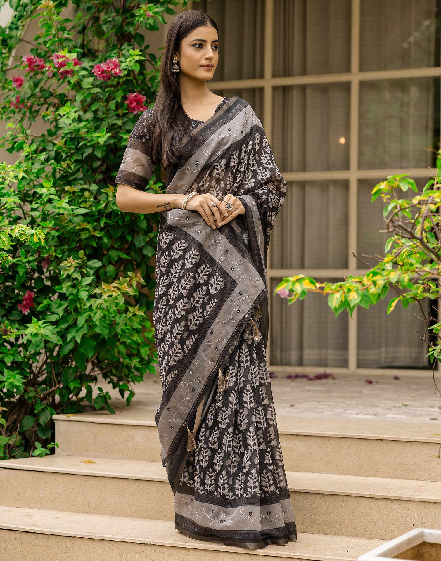 Black Chanderi Printed Saree