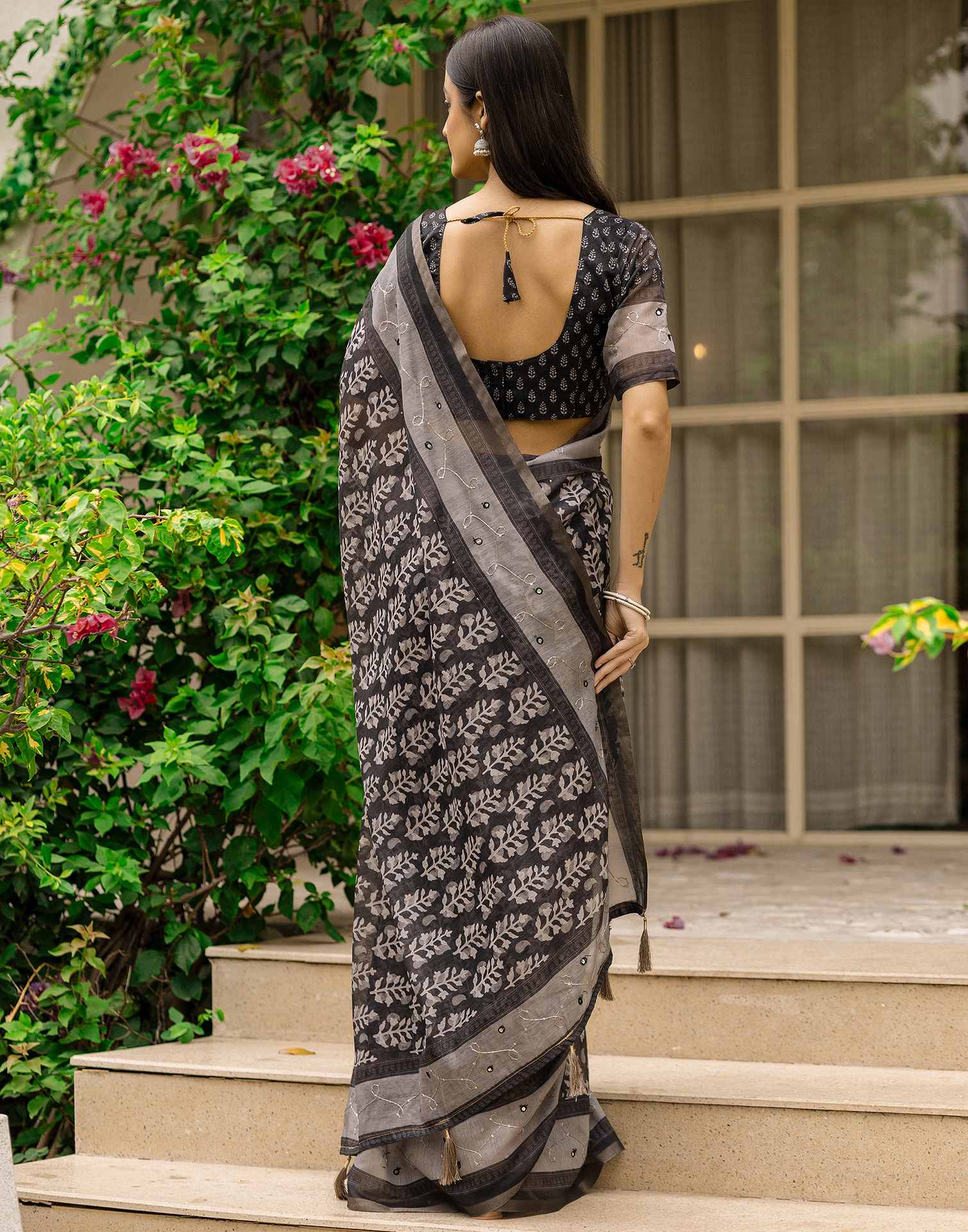 Black Chanderi Printed Saree