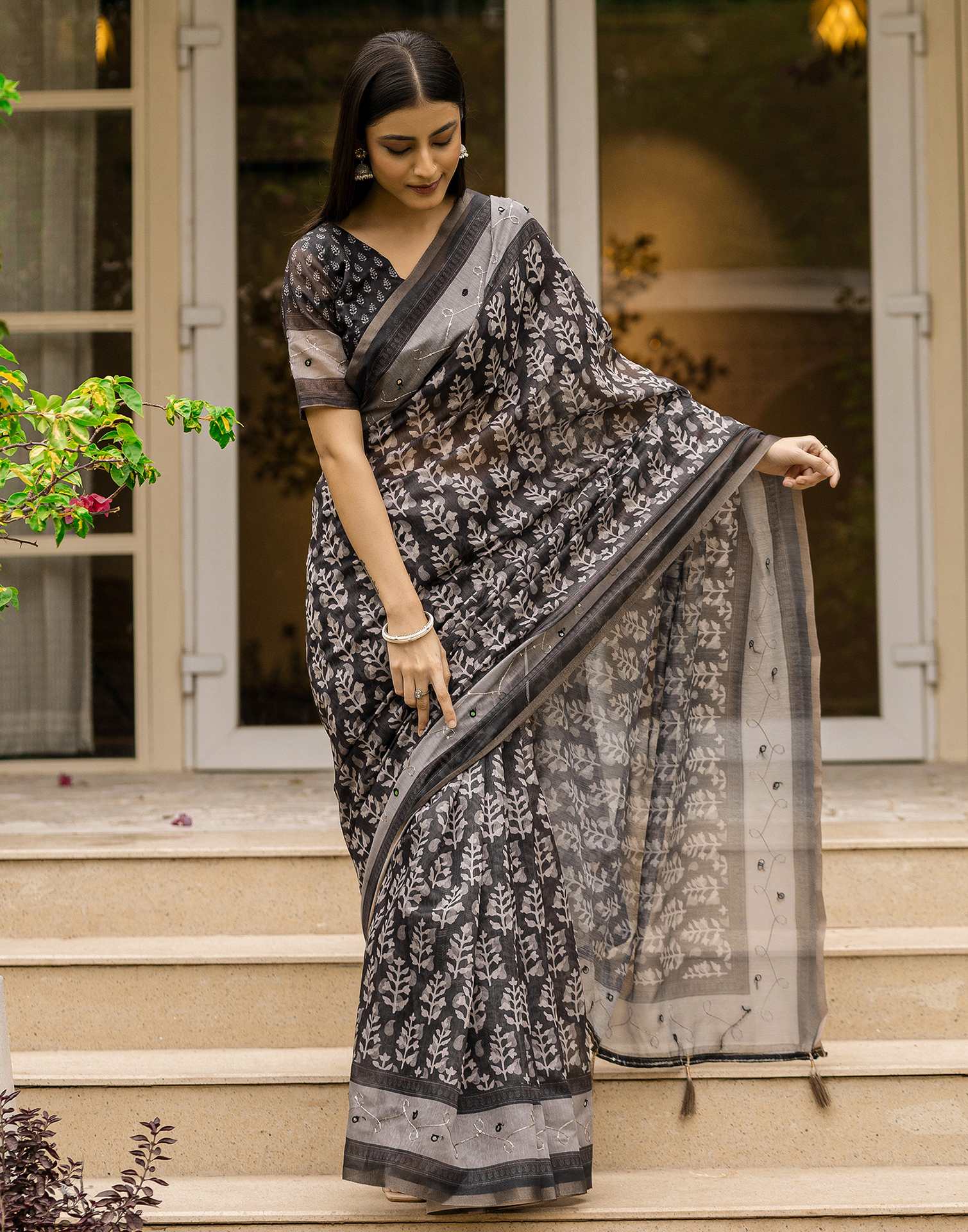 Black Chanderi Printed Saree