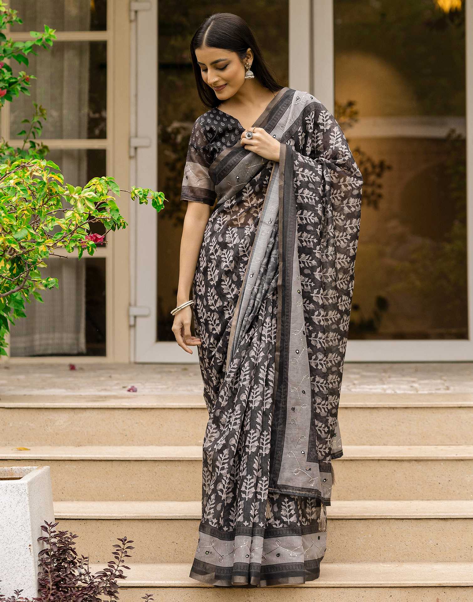 Black Chanderi Printed Saree